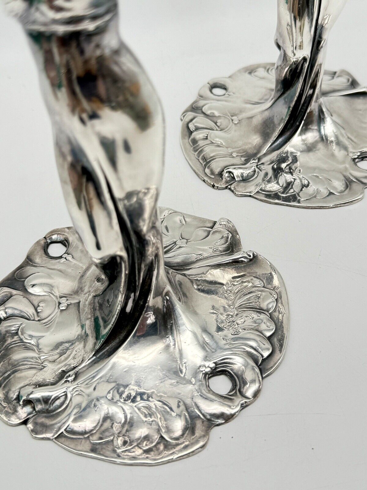 Art Nouveau Style Silver Tone Candle Sticks Ca. 9.5”h Substantial SIGNED J B