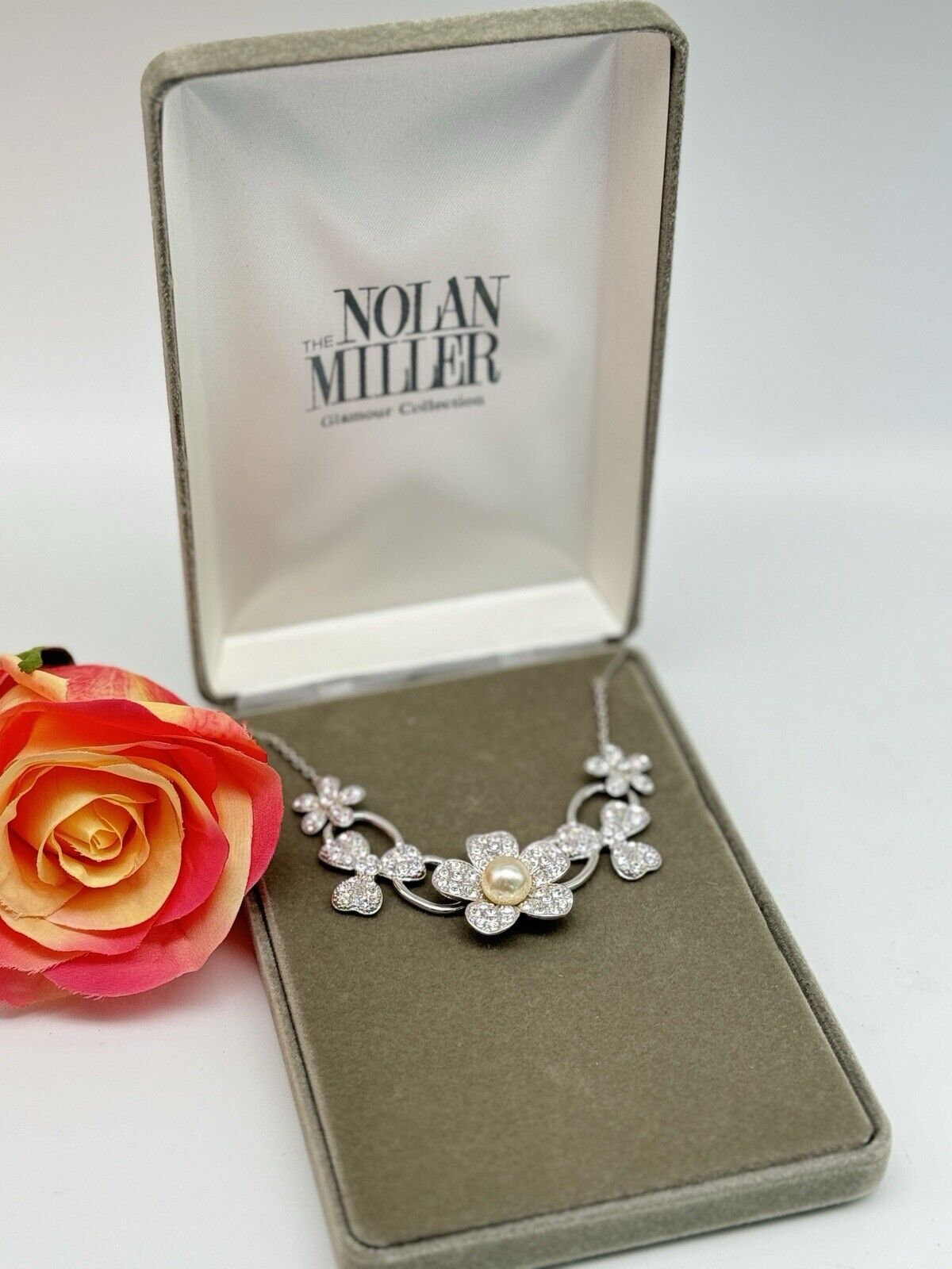 Nolan Miller Flower Necklace Silvertone Faux Pearl Rhinestone 18” Boxed