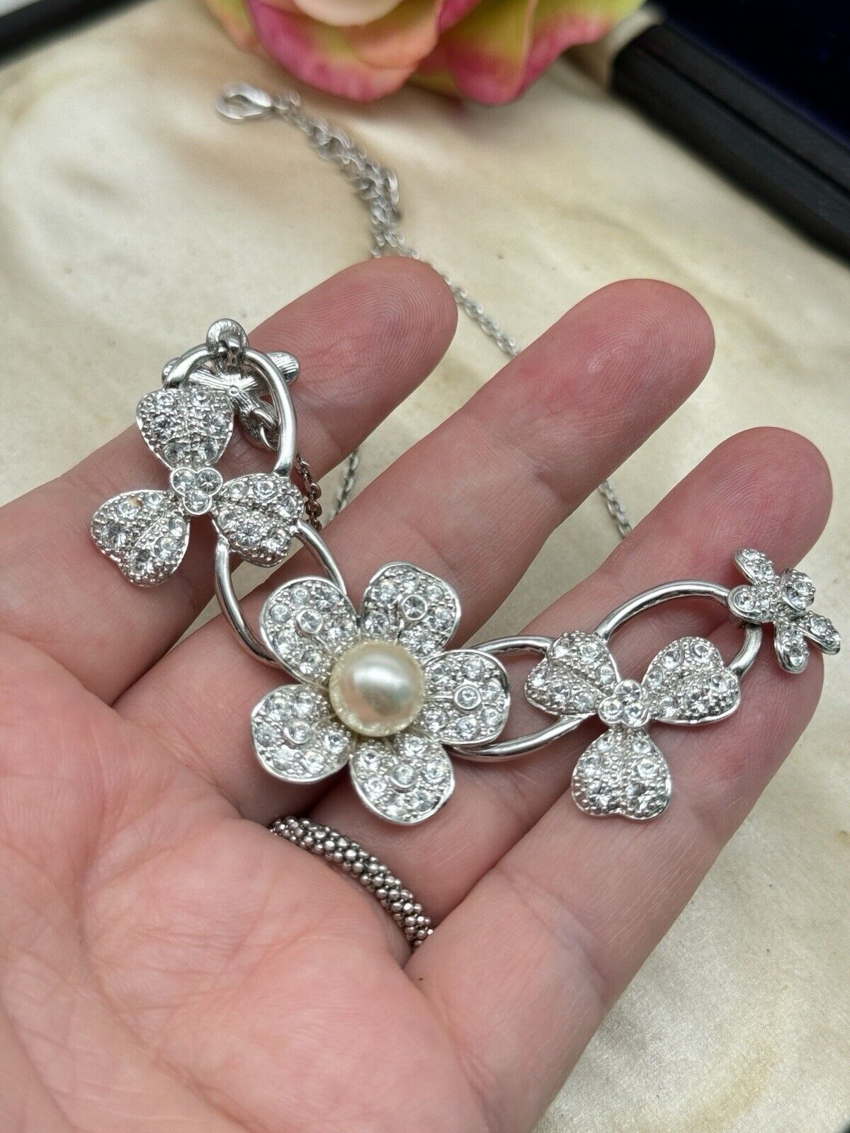 Nolan Miller Flower Necklace Silvertone Faux Pearl Rhinestone 18” Boxed