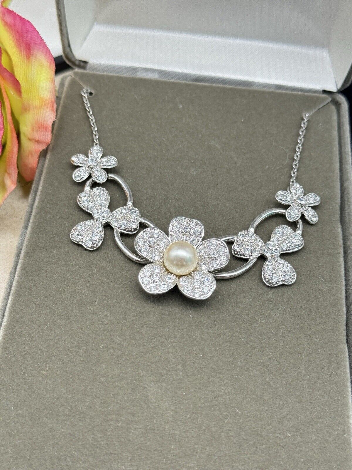 Nolan Miller Flower Necklace Silvertone Faux Pearl Rhinestone 18” Boxed