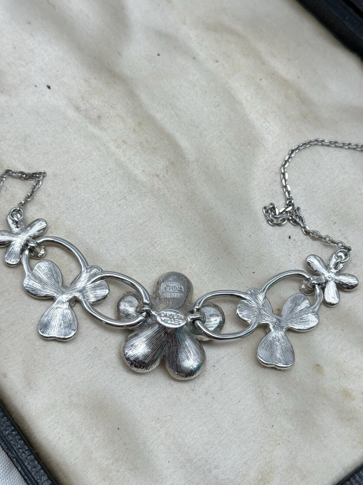 Nolan Miller Flower Necklace Silvertone Faux Pearl Rhinestone 18” Boxed