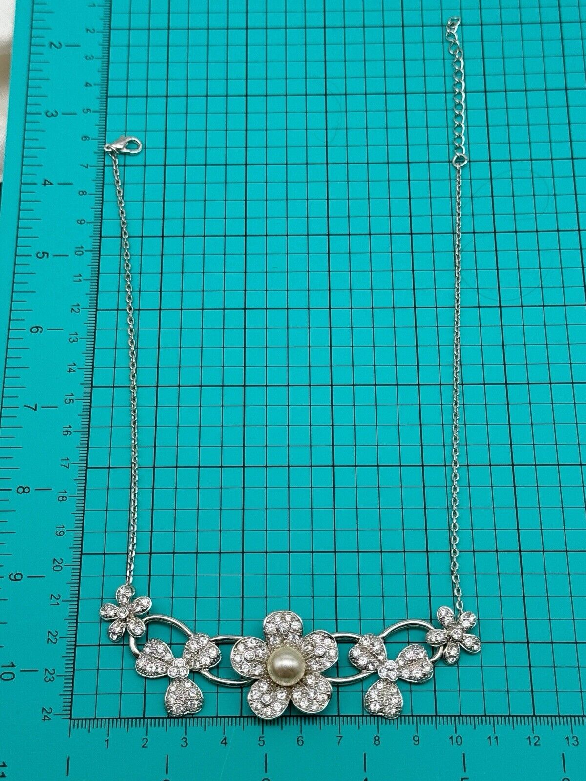Nolan Miller Flower Necklace Silvertone Faux Pearl Rhinestone 18” Boxed