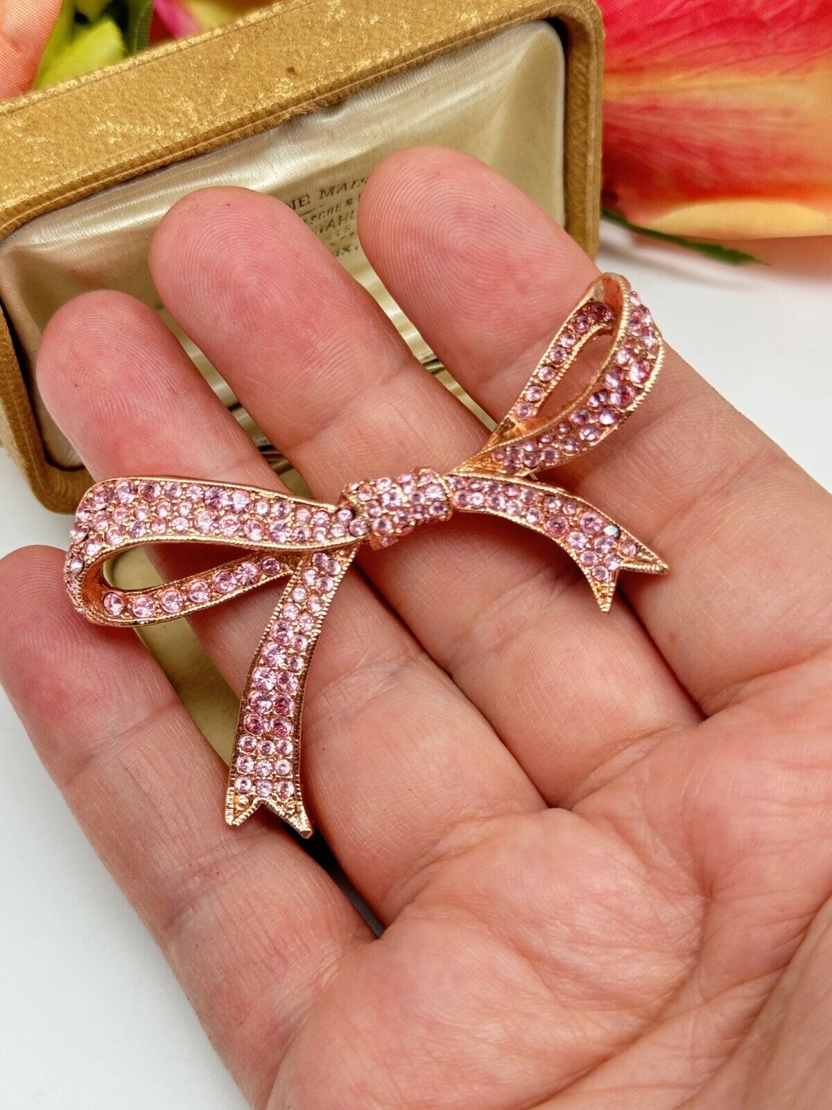 Vintage KJL Pink Rhinestone Rose Goldtone Ribbon Bow Breast Cancer Pin Brooch