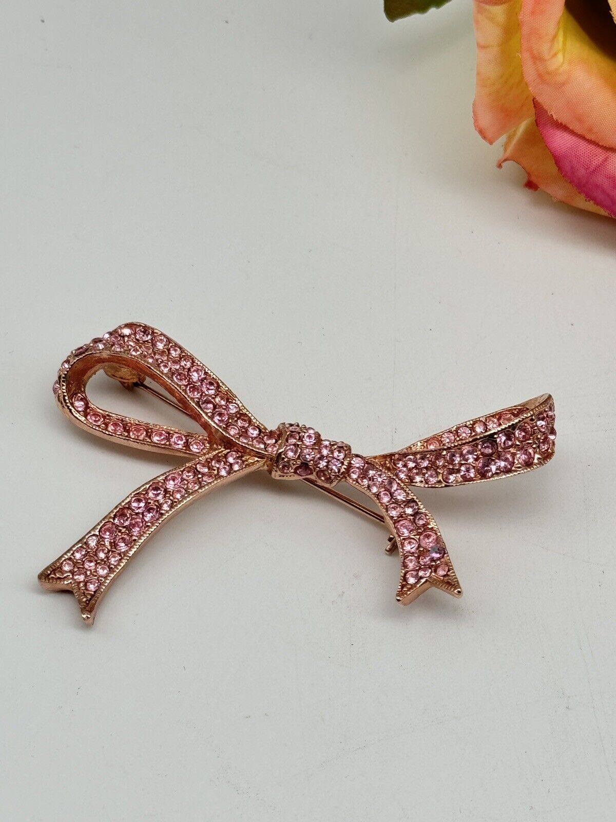 Vintage KJL Pink Rhinestone Rose Goldtone Ribbon Bow Breast Cancer Pin Brooch