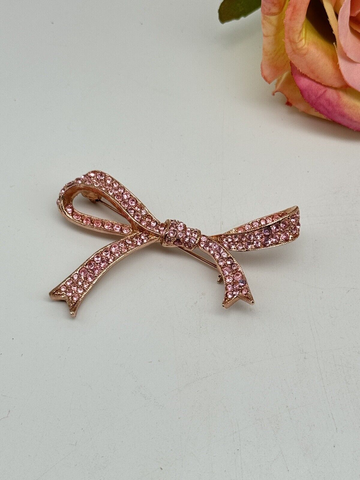 Vintage KJL Pink Rhinestone Rose Goldtone Ribbon Bow Breast Cancer Pin Brooch
