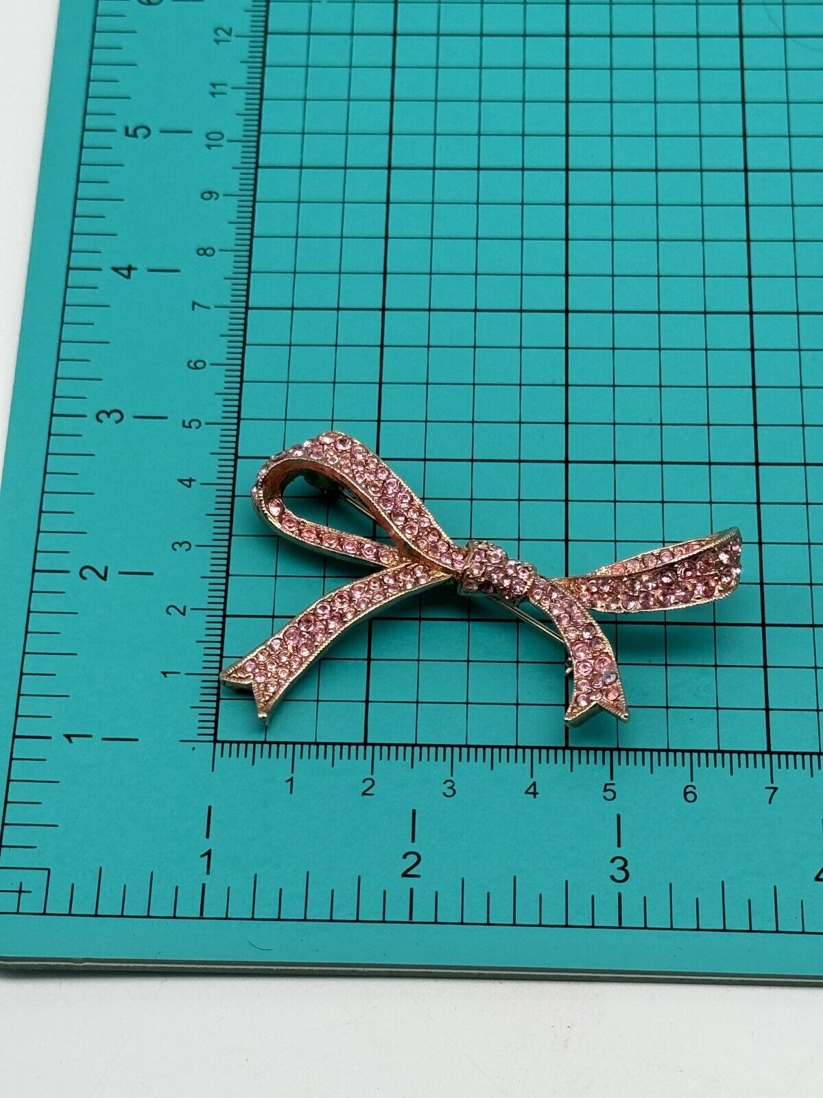Vintage KJL Pink Rhinestone Rose Goldtone Ribbon Bow Breast Cancer Pin Brooch