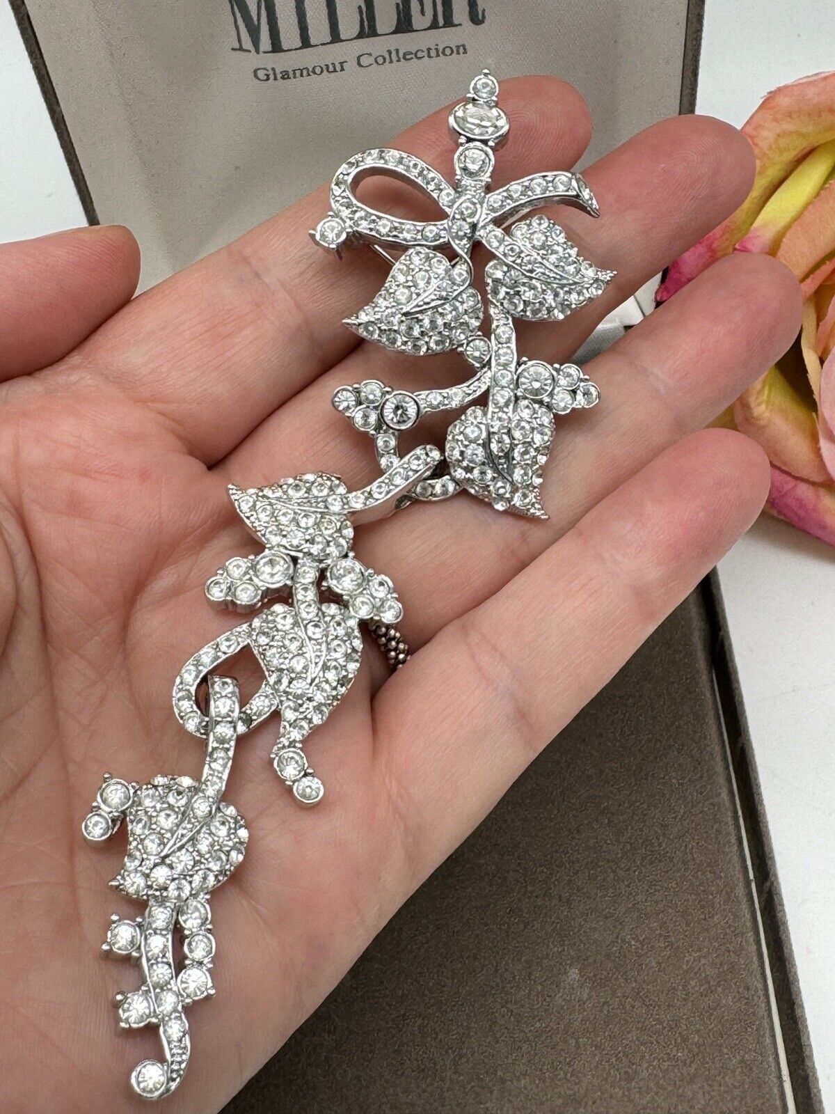 Vintage Nolan Miller Brooch 6” Articulated Rhinestone Floral Design ART Deco