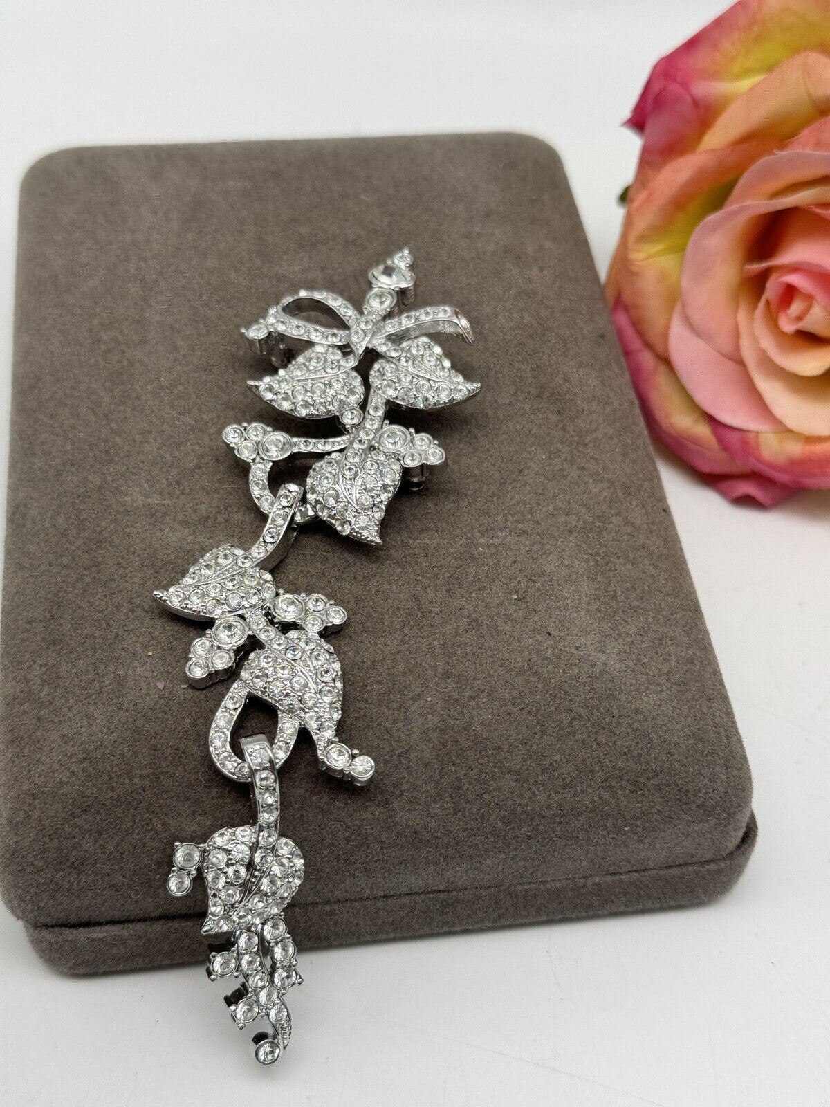 Vintage Nolan Miller Brooch 6” Articulated Rhinestone Floral Design ART Deco