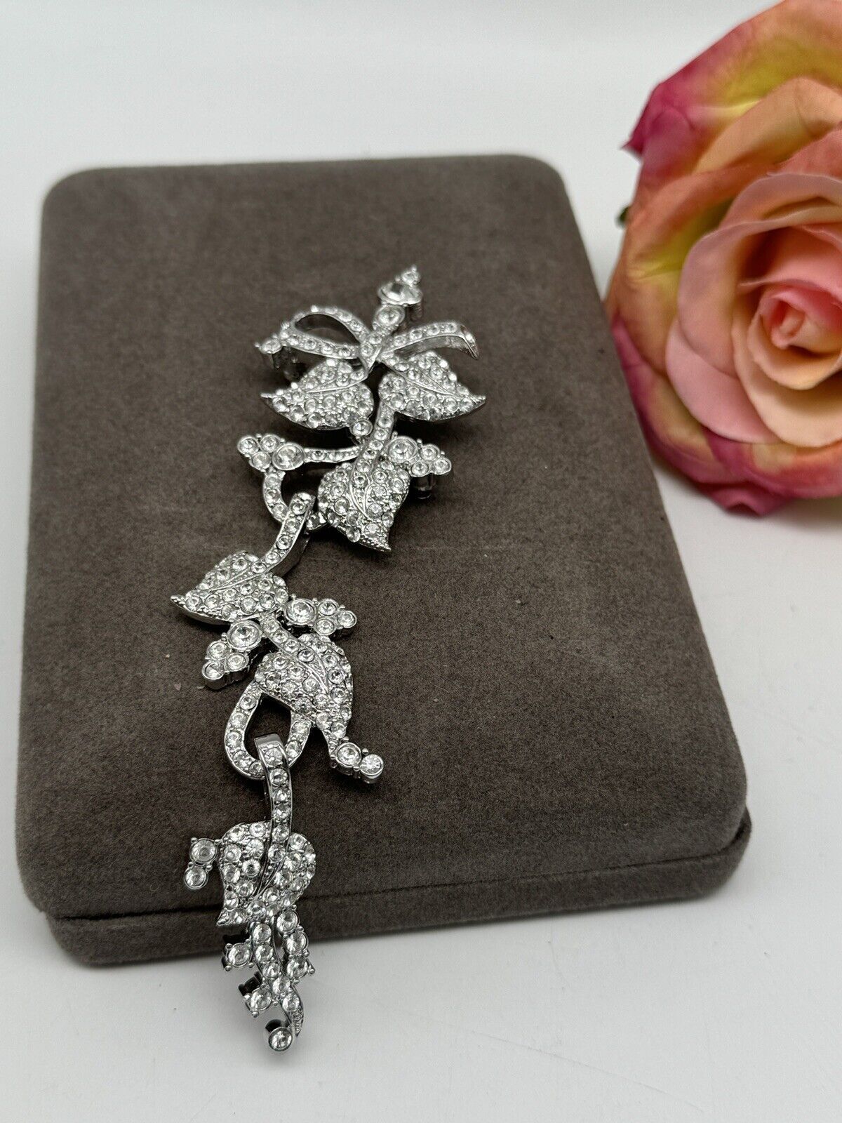 Vintage Nolan Miller Brooch 6” Articulated Rhinestone Floral Design ART Deco