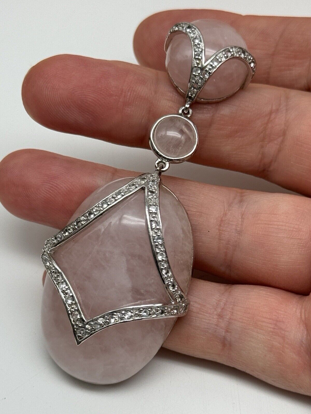 Beautiful Large Sterling Silver 925 Rose Quartz Enhancer Pendant 42.9 grams