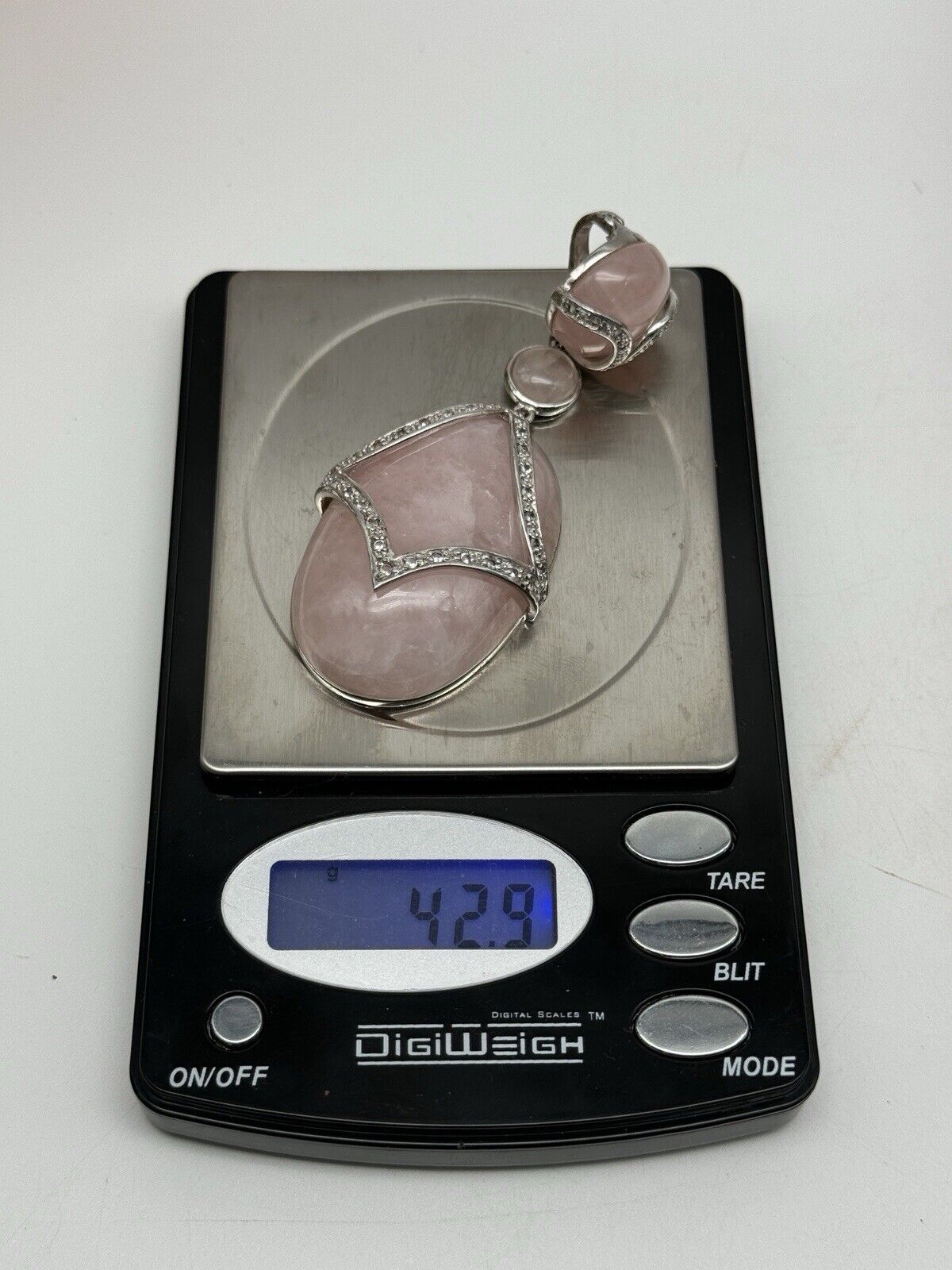 Beautiful Large Sterling Silver 925 Rose Quartz Enhancer Pendant 42.9 grams