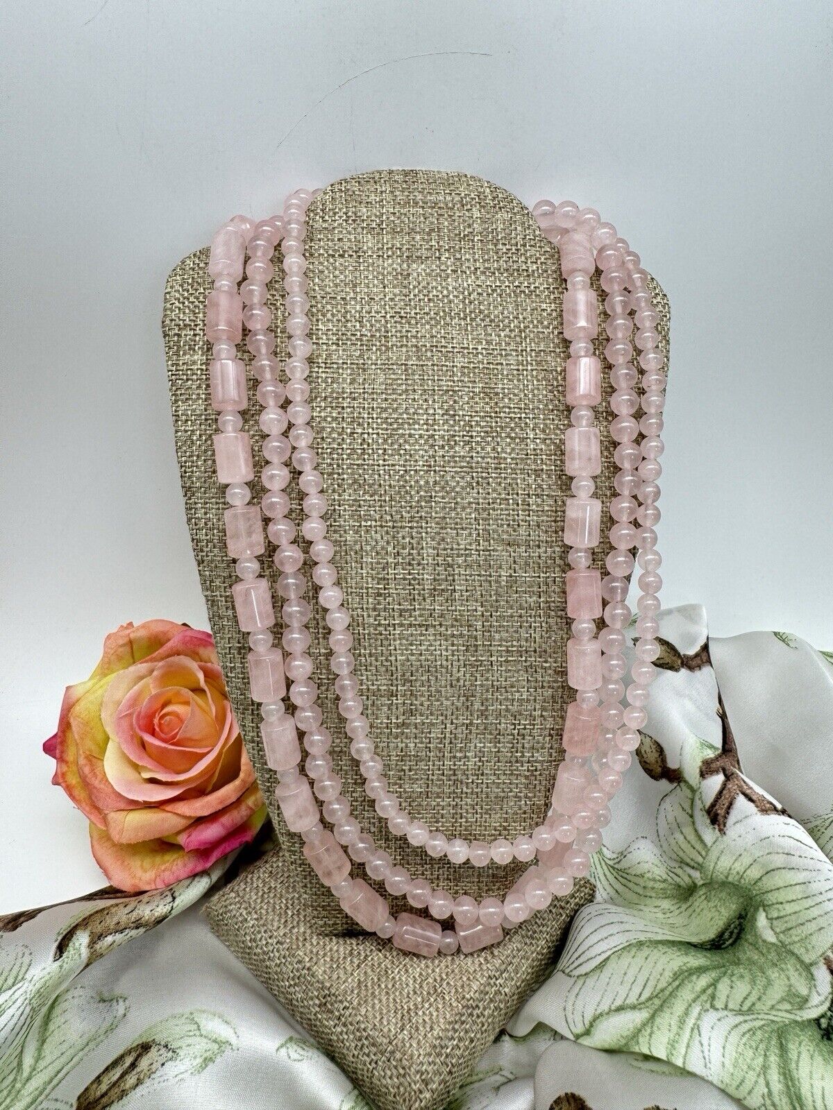 3 Strand Rose Quartz Necklace Sterling Clasp Circa Circa 20”