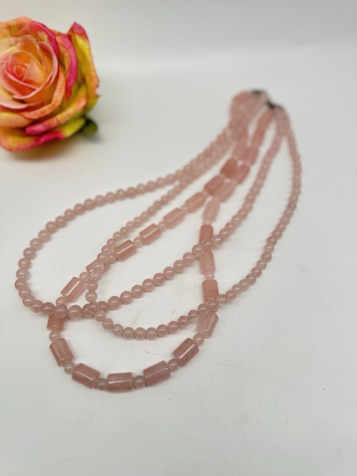 3 Strand Rose Quartz Necklace Sterling Clasp Circa Circa 20”