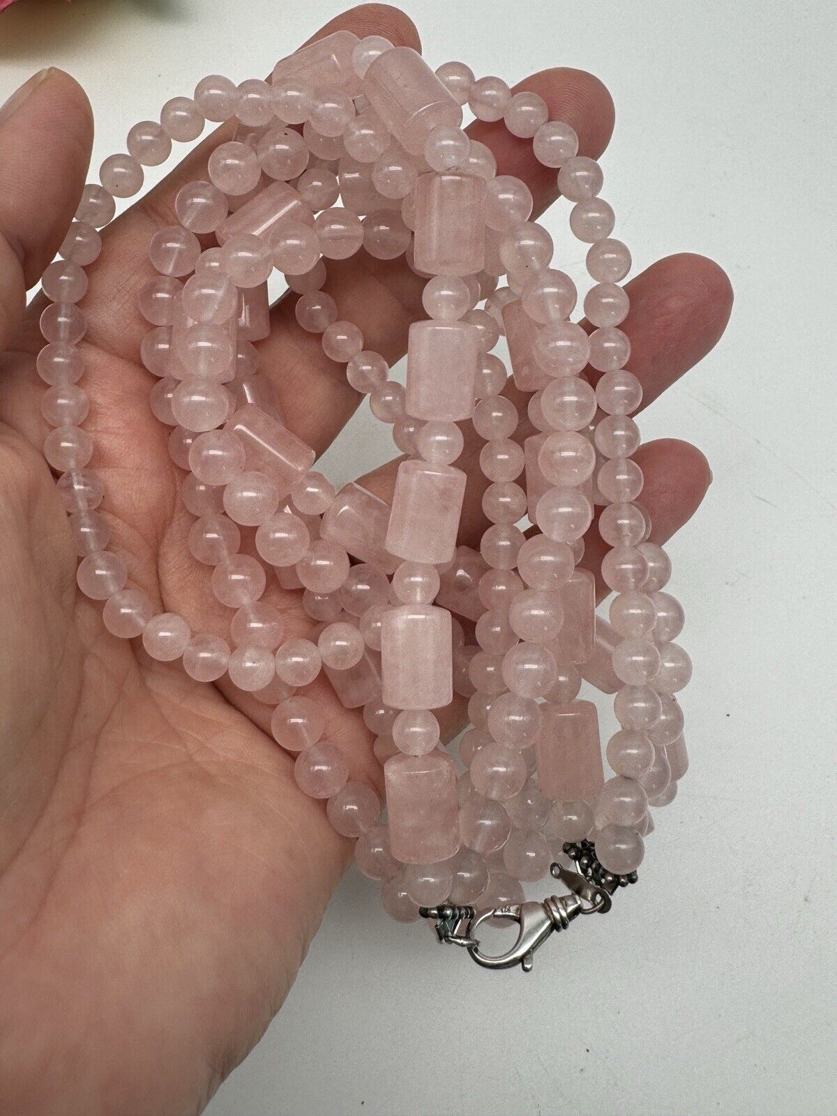 3 Strand Rose Quartz Necklace Sterling Clasp Circa Circa 20”