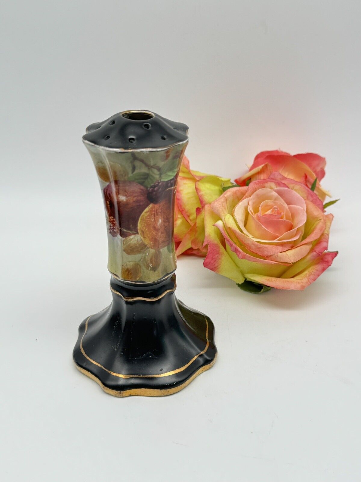 Vintage Hat Pin Holder Made In England Black Fruit Motif