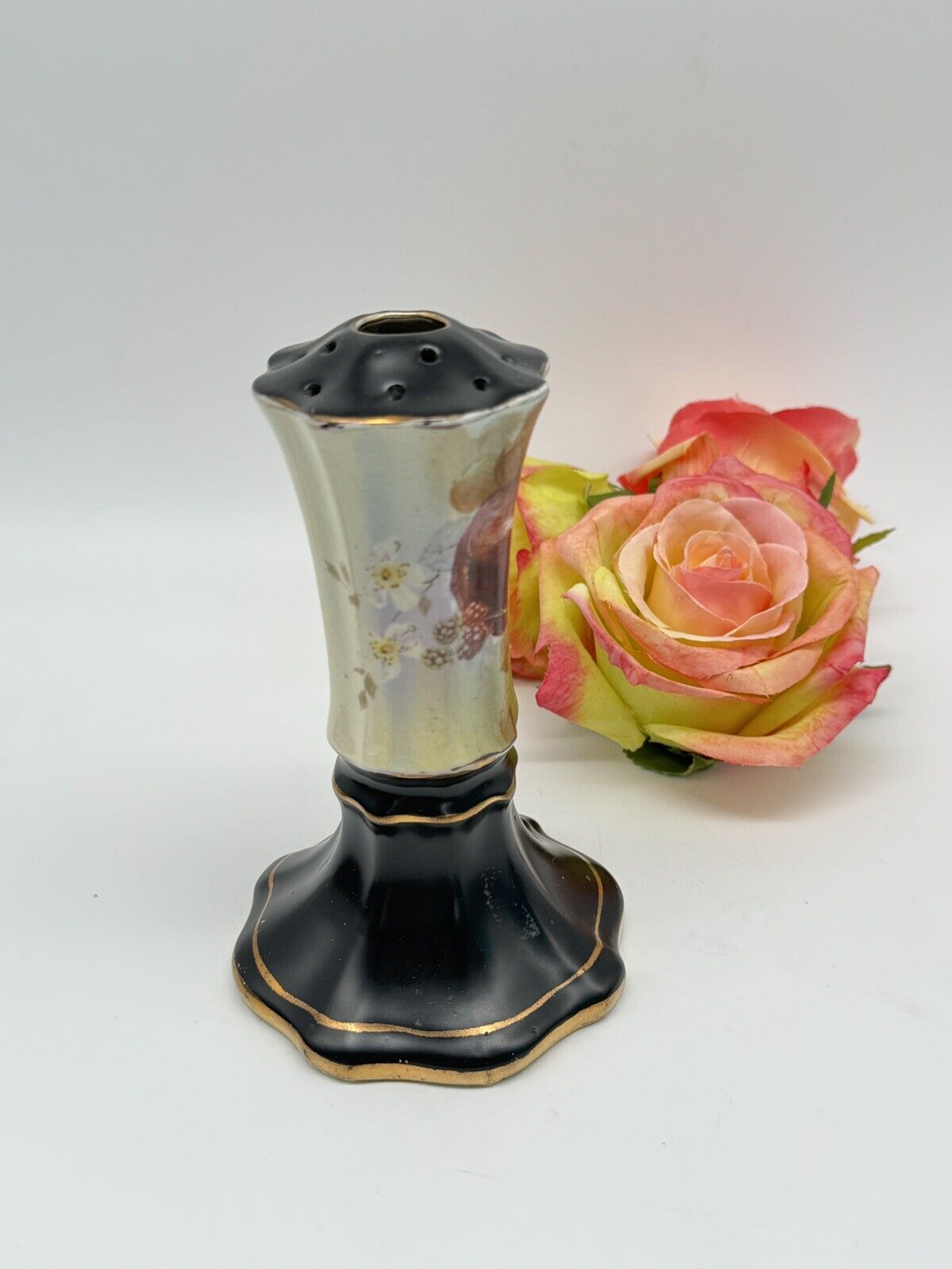 Vintage Hat Pin Holder Made In England Black Fruit Motif