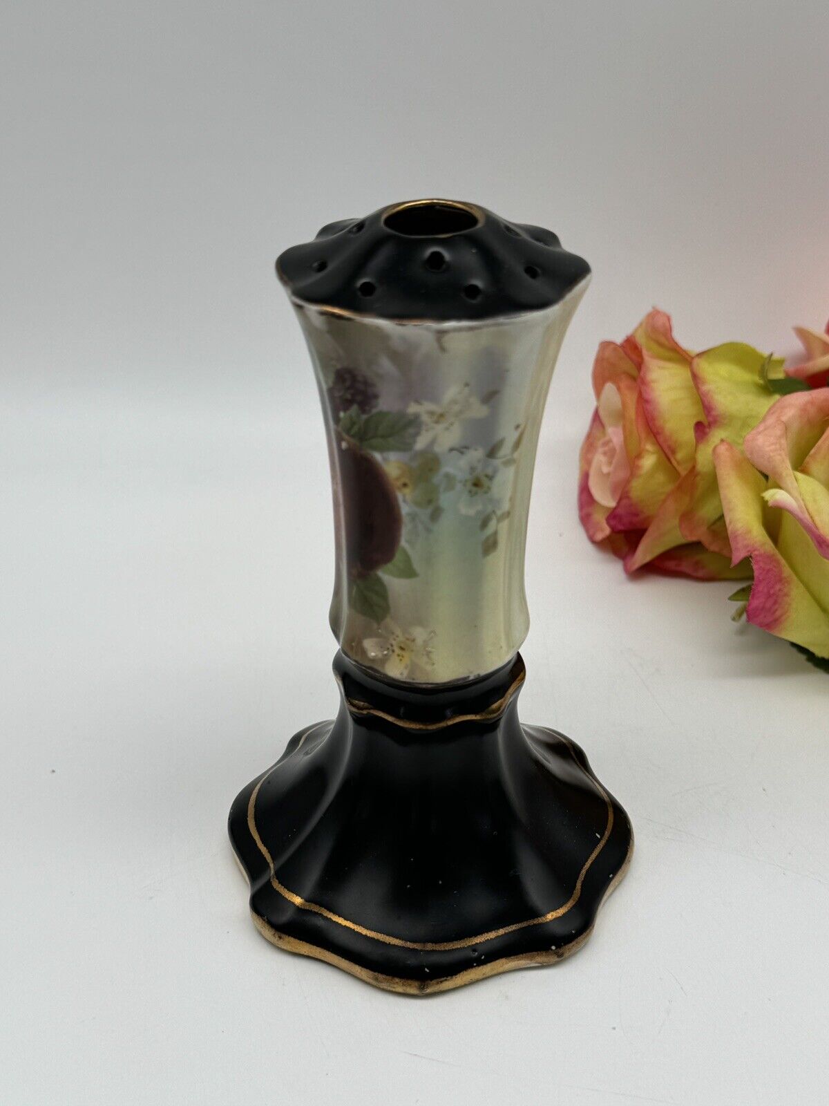 Vintage Hat Pin Holder Made In England Black Fruit Motif