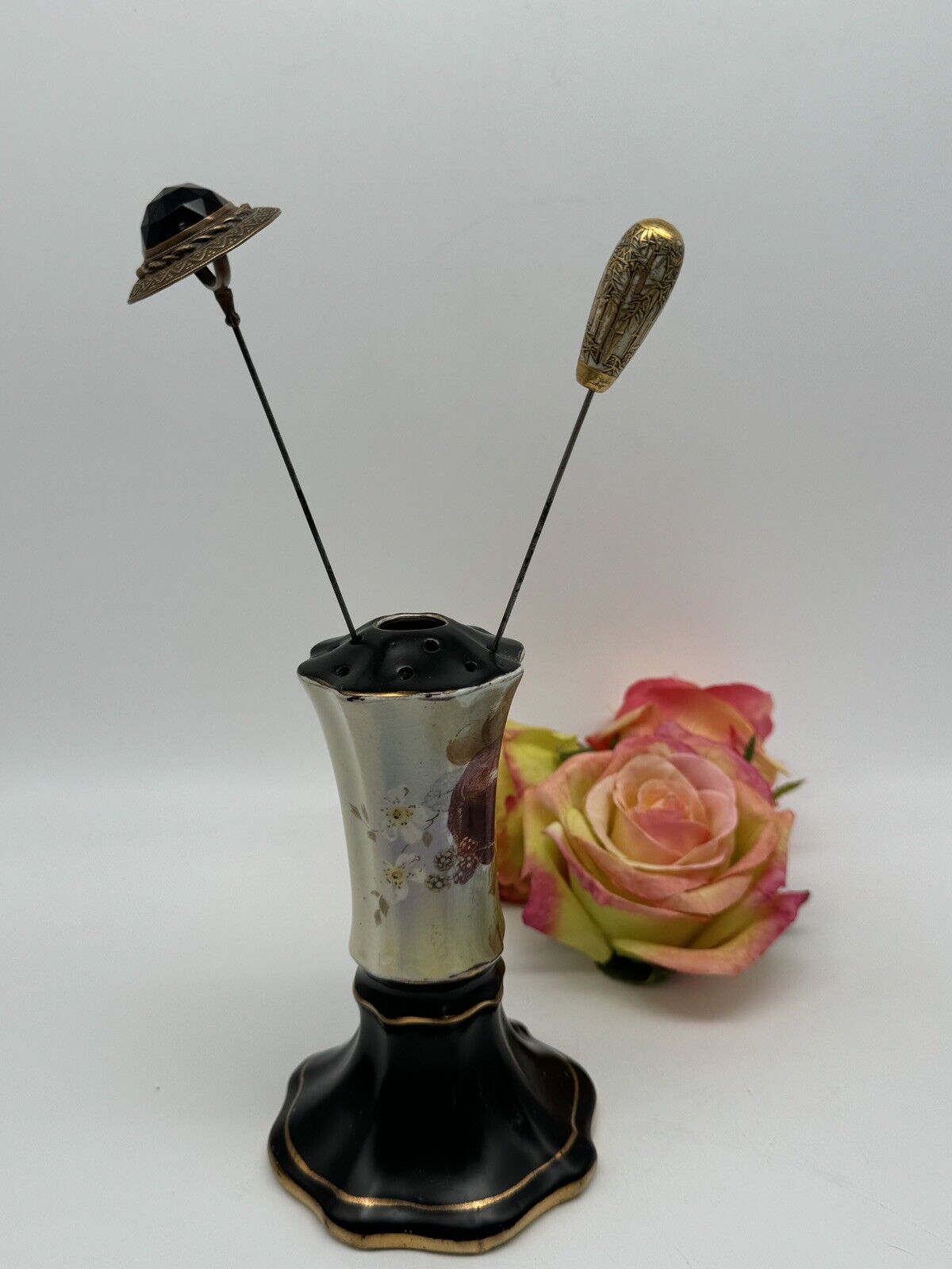 Vintage Hat Pin Holder Made In England Black Fruit Motif
