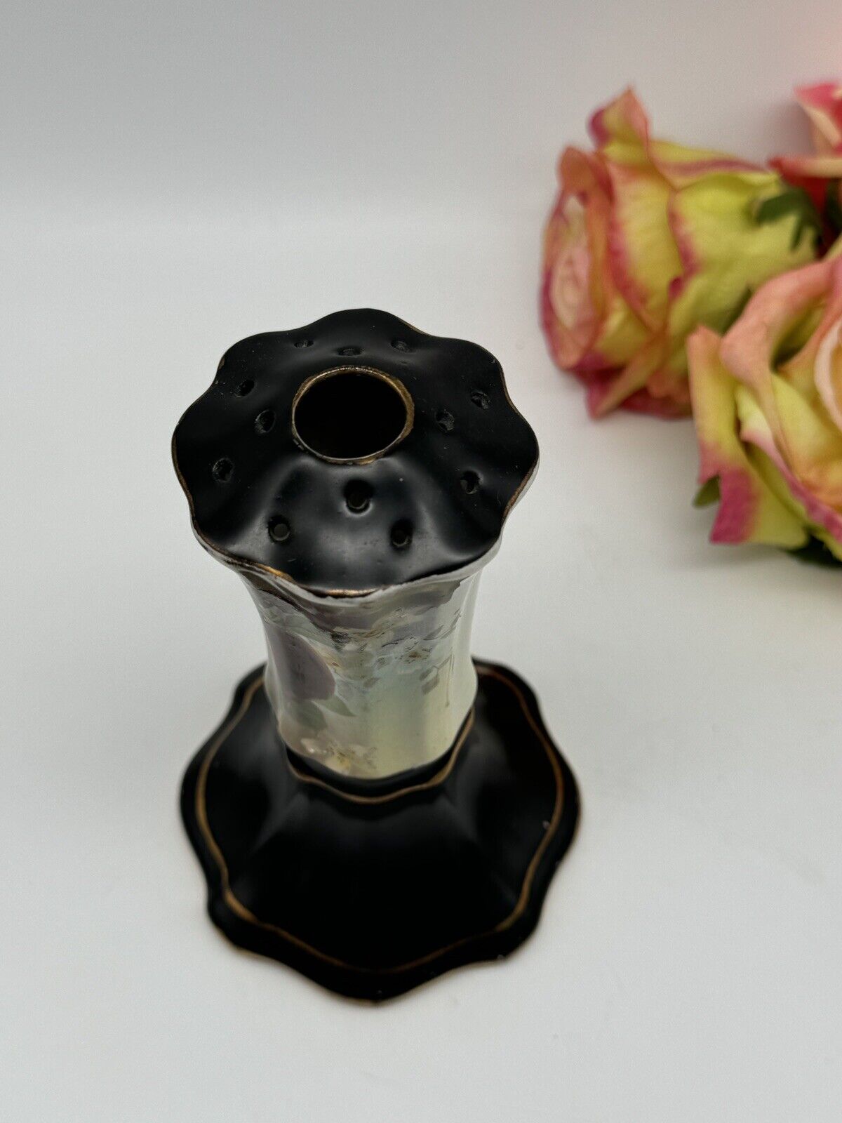 Vintage Hat Pin Holder Made In England Black Fruit Motif