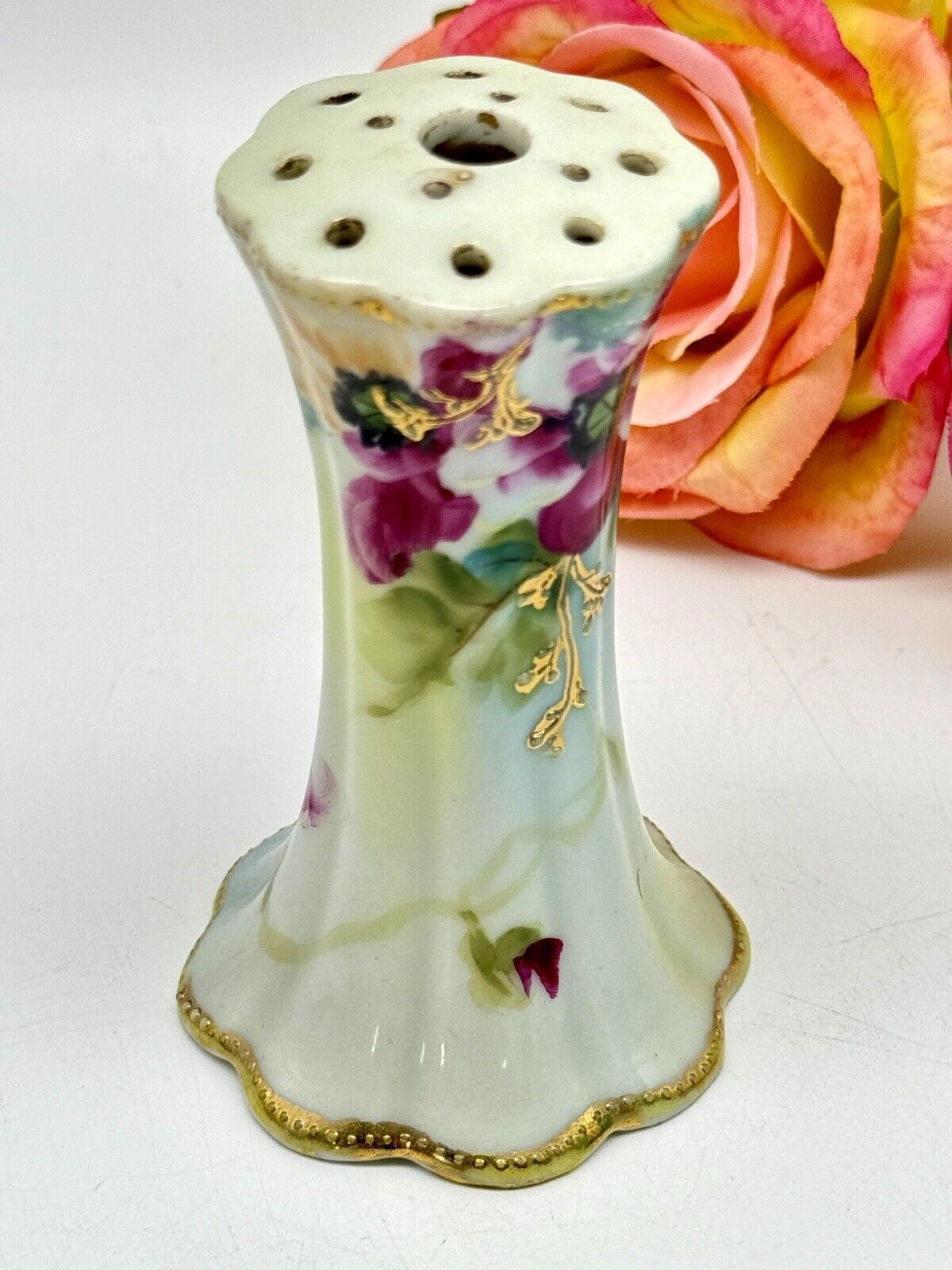 Vintage Nippon Signed Hat Pin Holder Pink Floral Design Moriage Accents