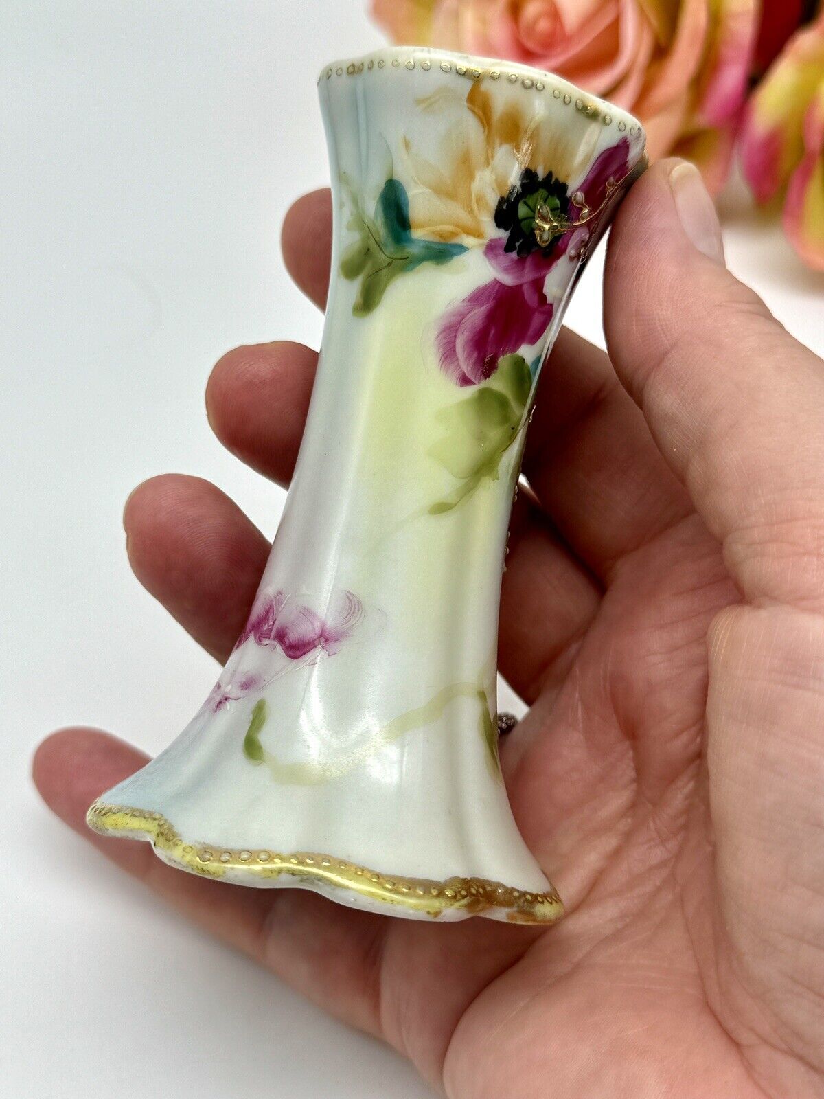 Vintage Nippon Signed Hat Pin Holder Pink Floral Design Moriage Accents