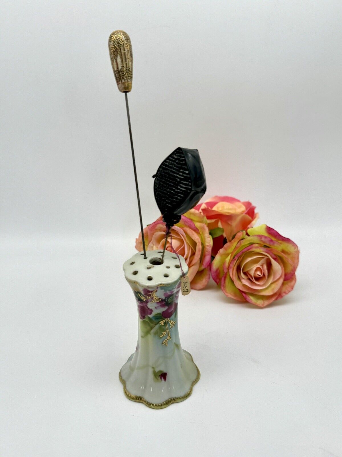 Vintage Nippon Signed Hat Pin Holder Pink Floral Design Moriage Accents