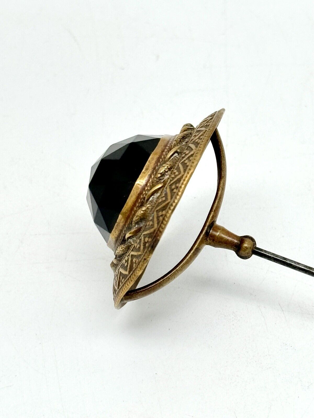 Antique Smokey Glass Faceted Brass Hat Pin Circa 9.5” ESTATE FIND
