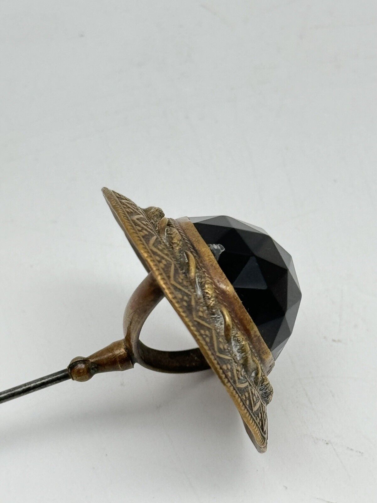 Antique Smokey Glass Faceted Brass Hat Pin Circa 9.5” ESTATE FIND