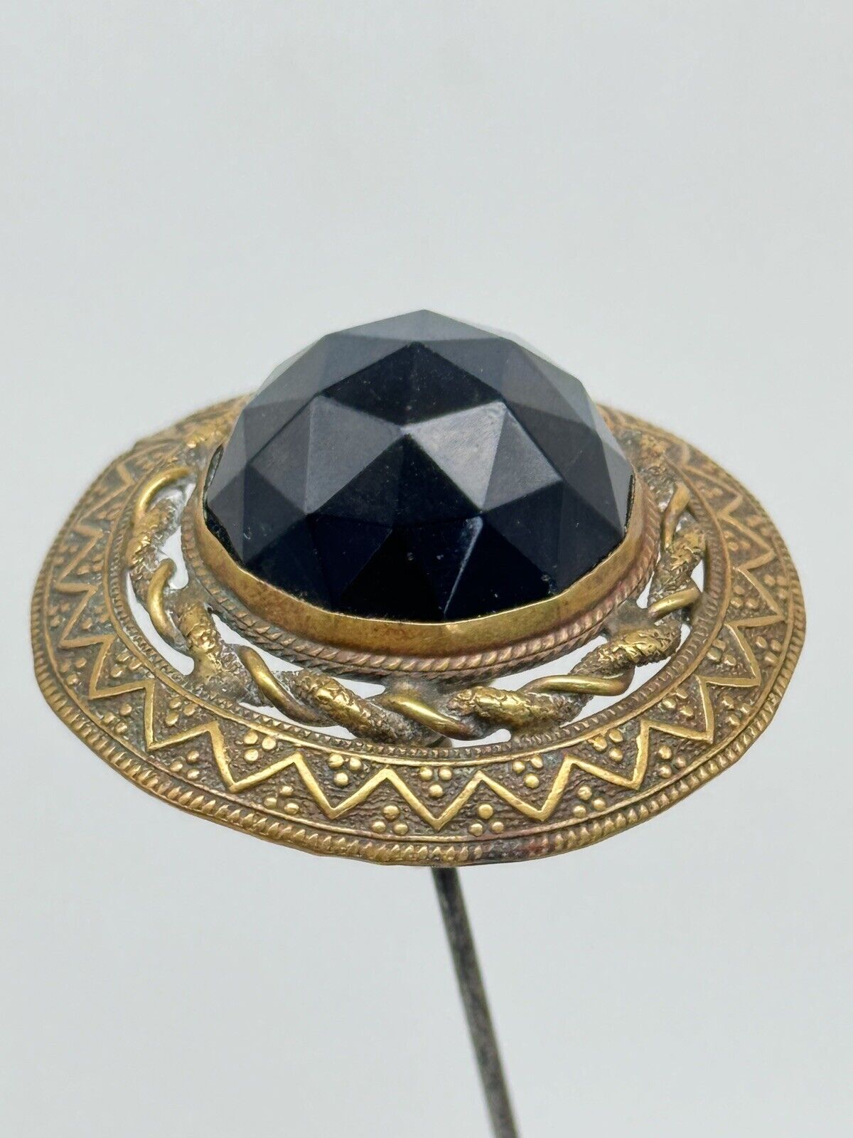 Antique Smokey Glass Faceted Brass Hat Pin Circa 9.5” ESTATE FIND