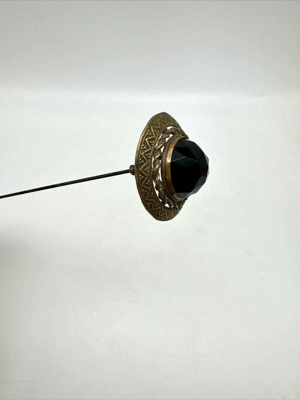 Antique Smokey Glass Faceted Brass Hat Pin Circa 9.5” ESTATE FIND