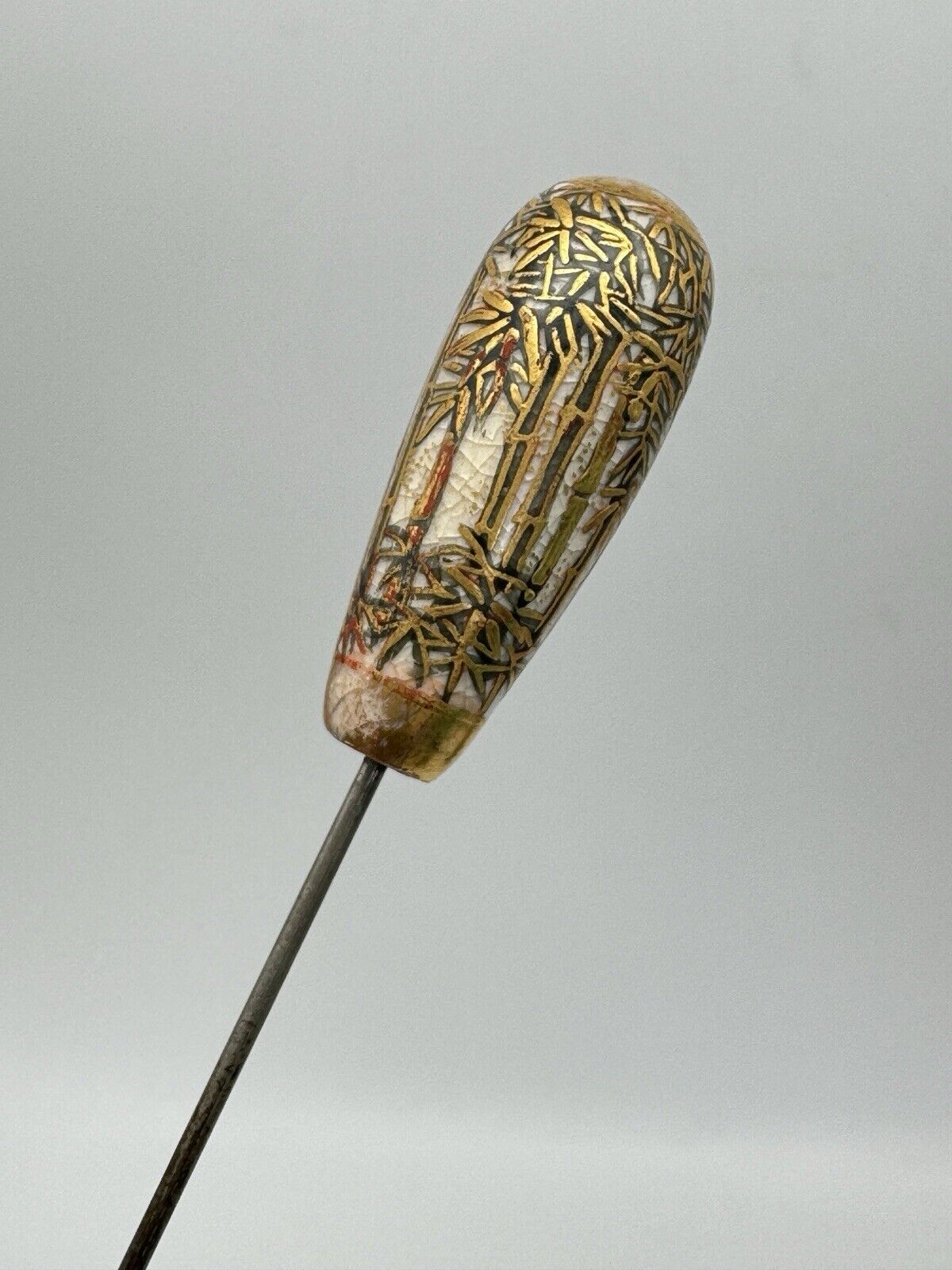 Antique Japanese Satsuma Style Hat Pin Bamboo Pattern Circa 9.5”