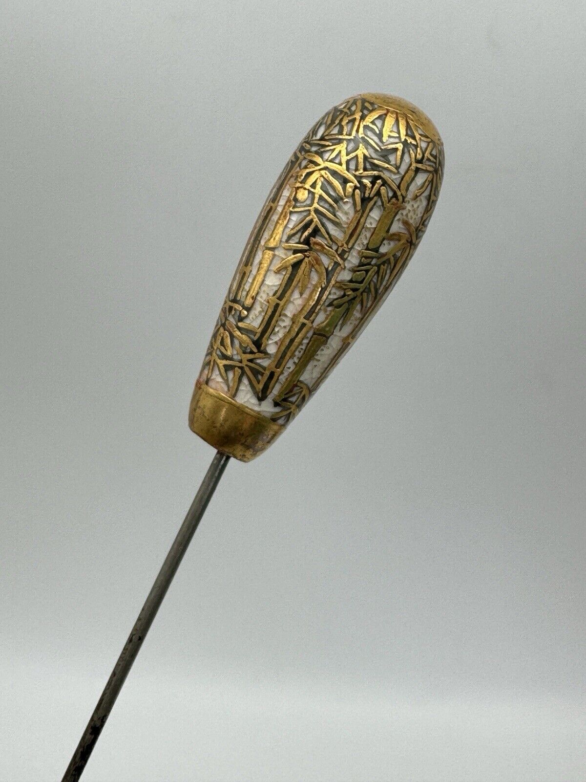 Antique Japanese Satsuma Style Hat Pin Bamboo Pattern Circa 9.5”