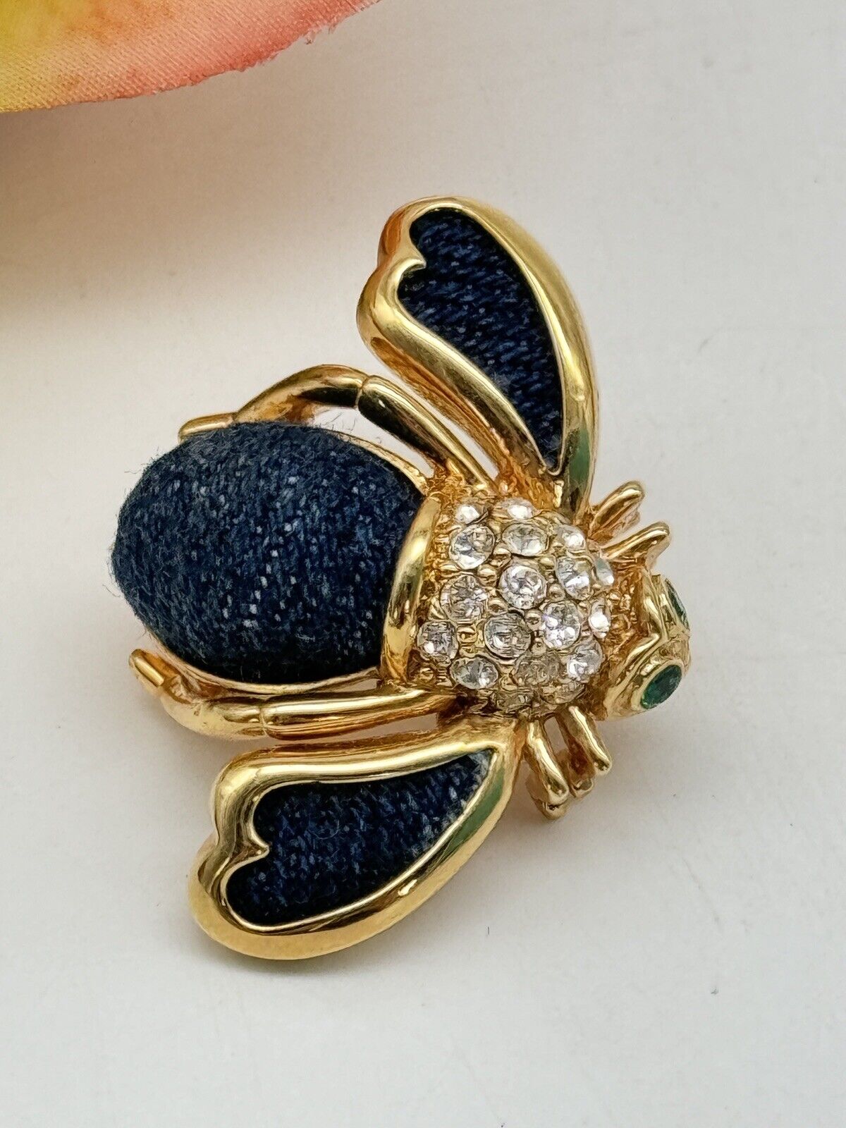 Joan Rivers Navy Jean Bee Brooch Rhinestone Goldtone