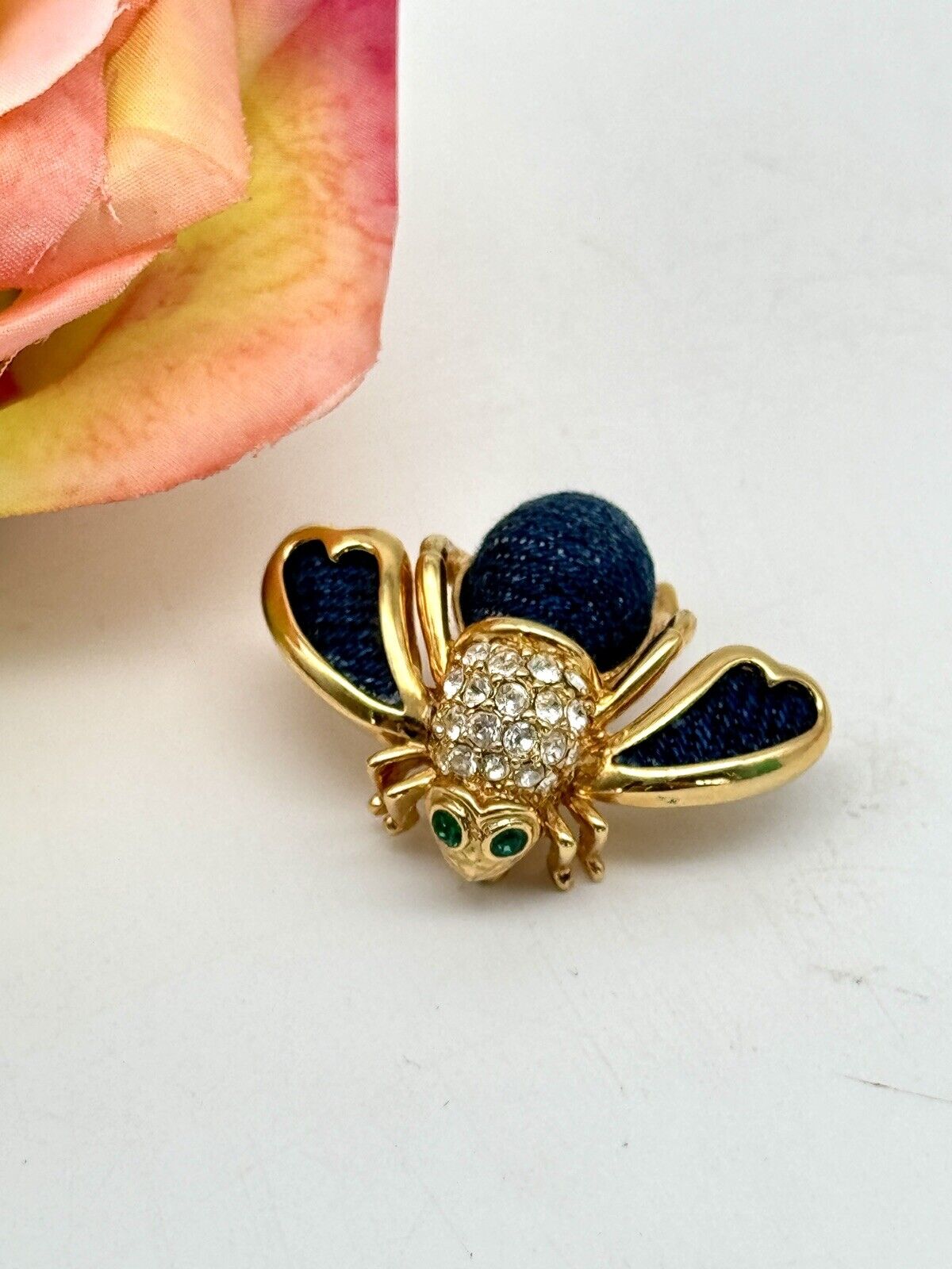 Joan Rivers Navy Jean Bee Brooch Rhinestone Goldtone