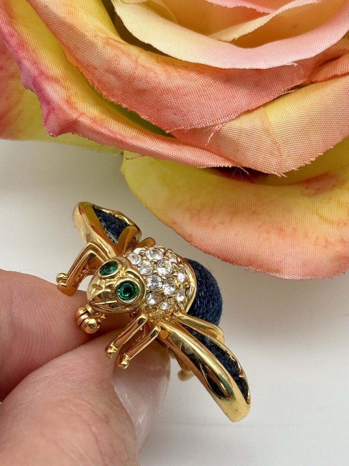 Joan Rivers Navy Jean Bee Brooch Rhinestone Goldtone