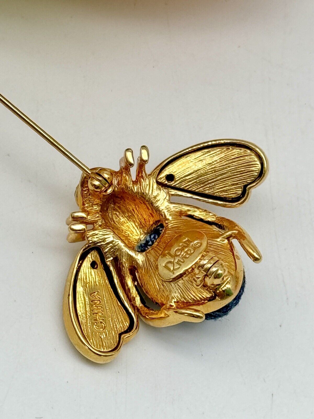 Joan Rivers Navy Jean Bee Brooch Rhinestone Goldtone