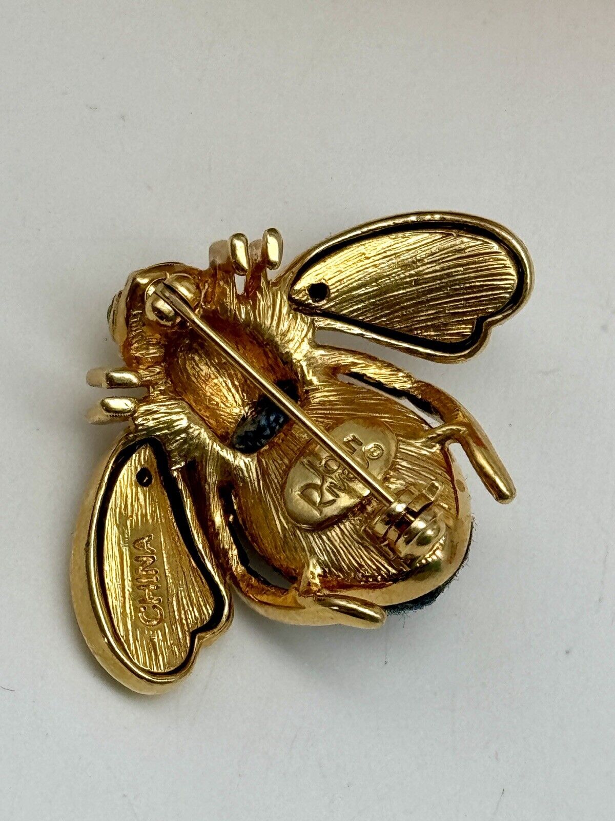 Joan Rivers Navy Jean Bee Brooch Rhinestone Goldtone