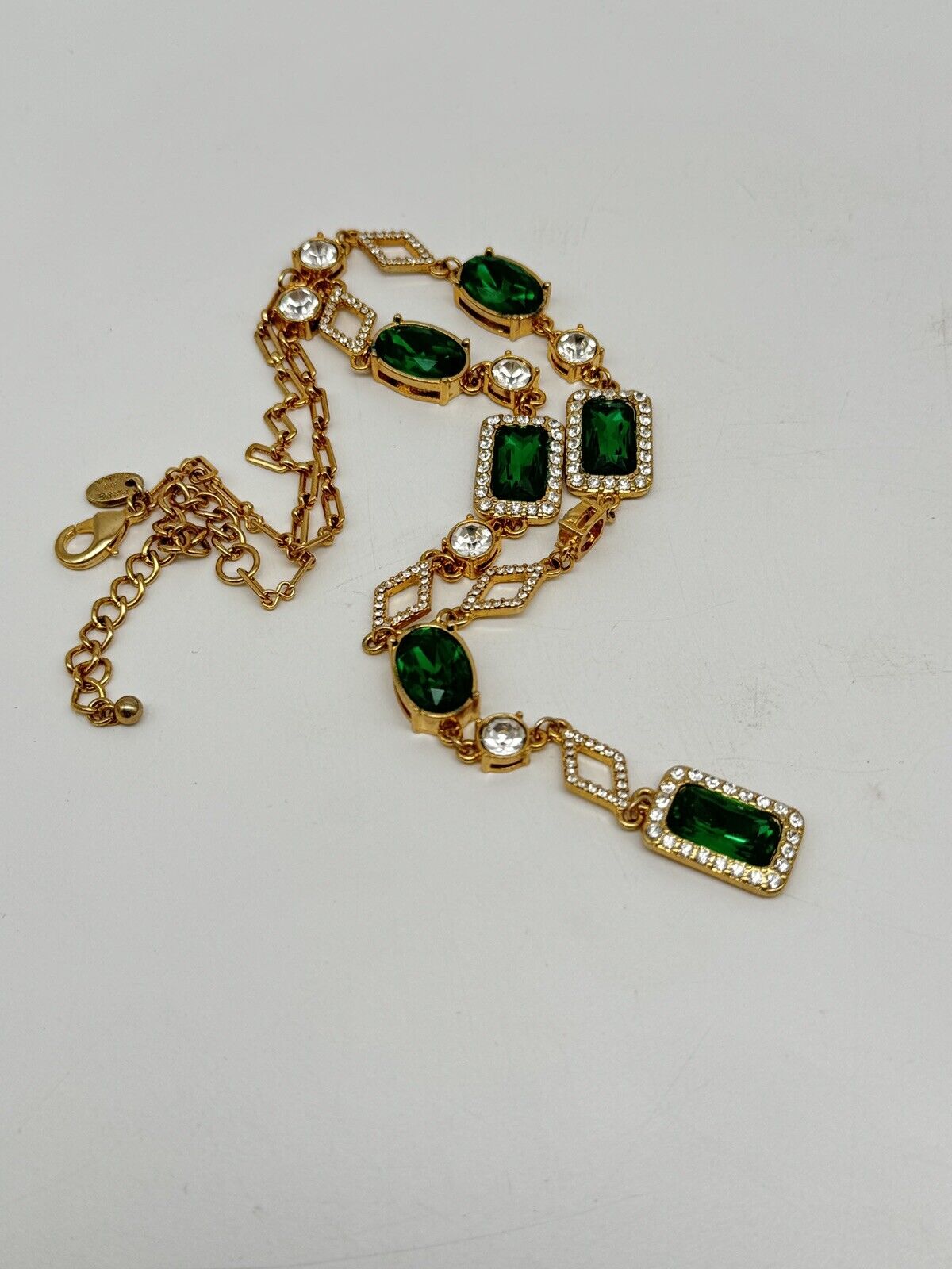 Vintage Green Rhinestone Necklace Goldtone Circa 21”l ESTATE FIND