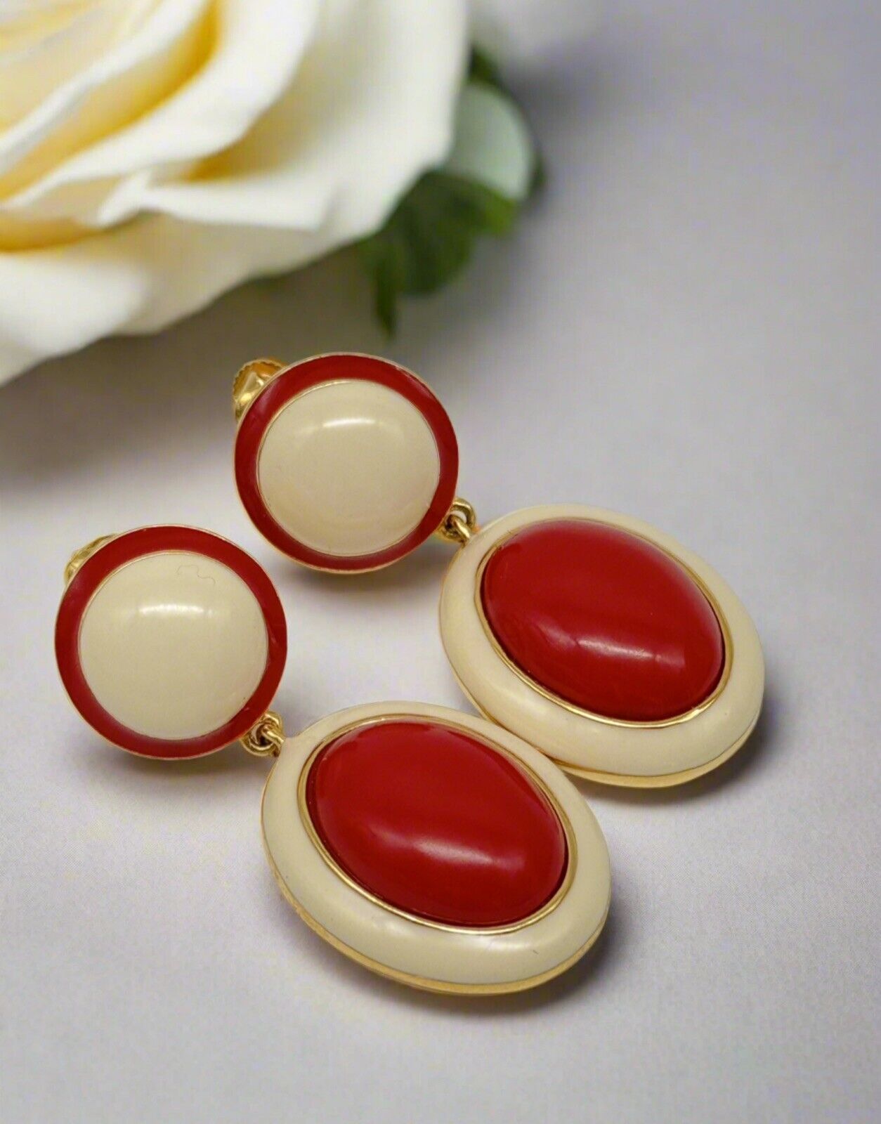 Vintage SIGNED Joan Rivers Earrings Red, Cream Enameled Goldtone