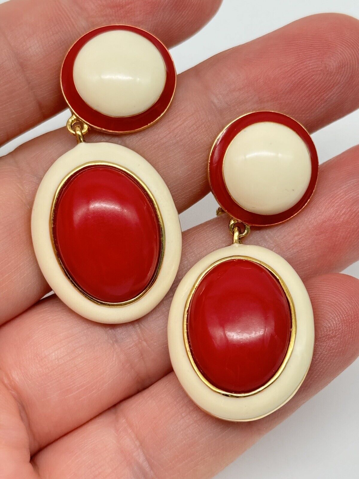 Vintage SIGNED Joan Rivers Earrings Red, Cream Enameled Goldtone