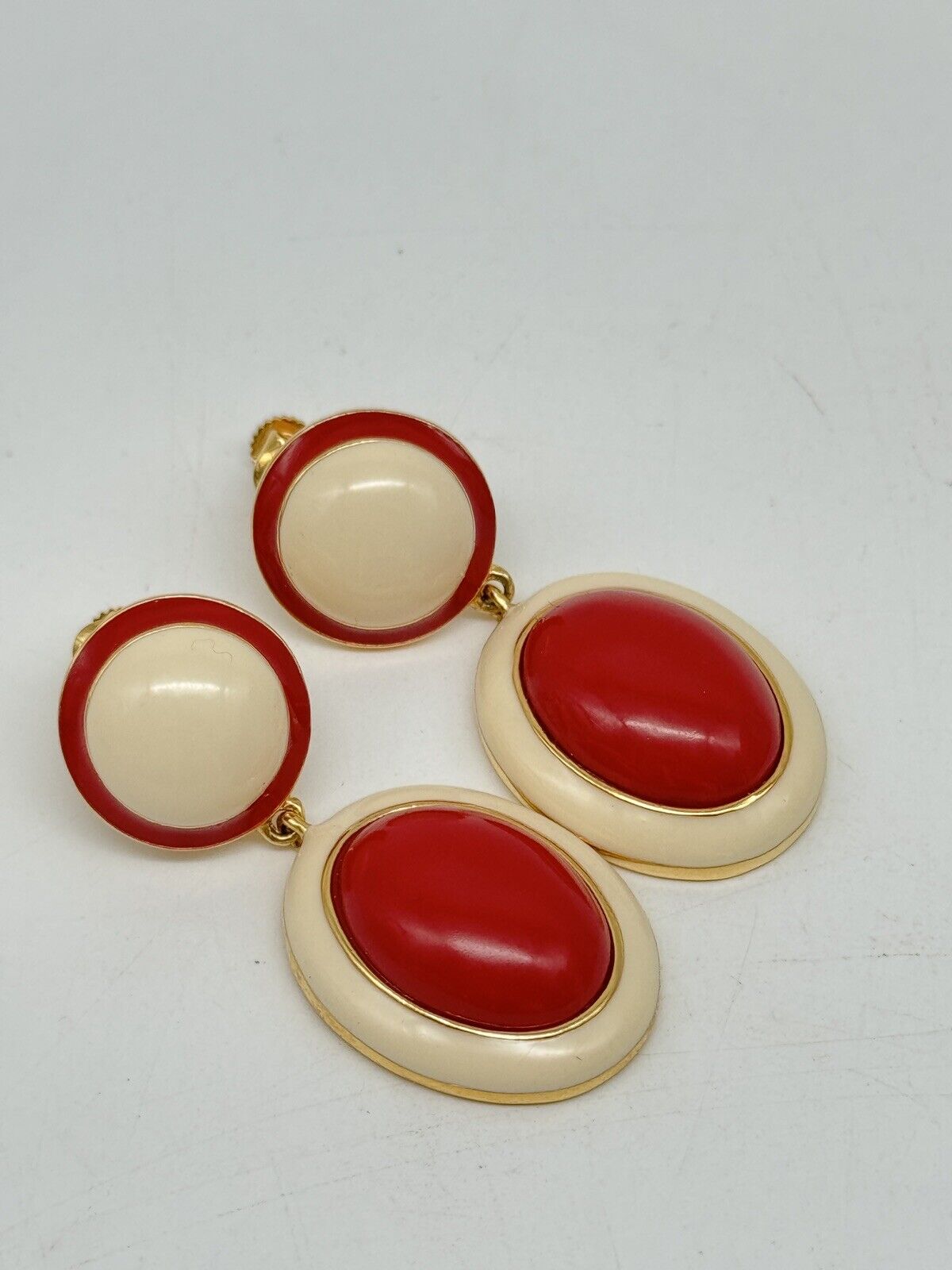 Vintage SIGNED Joan Rivers Earrings Red, Cream Enameled Goldtone