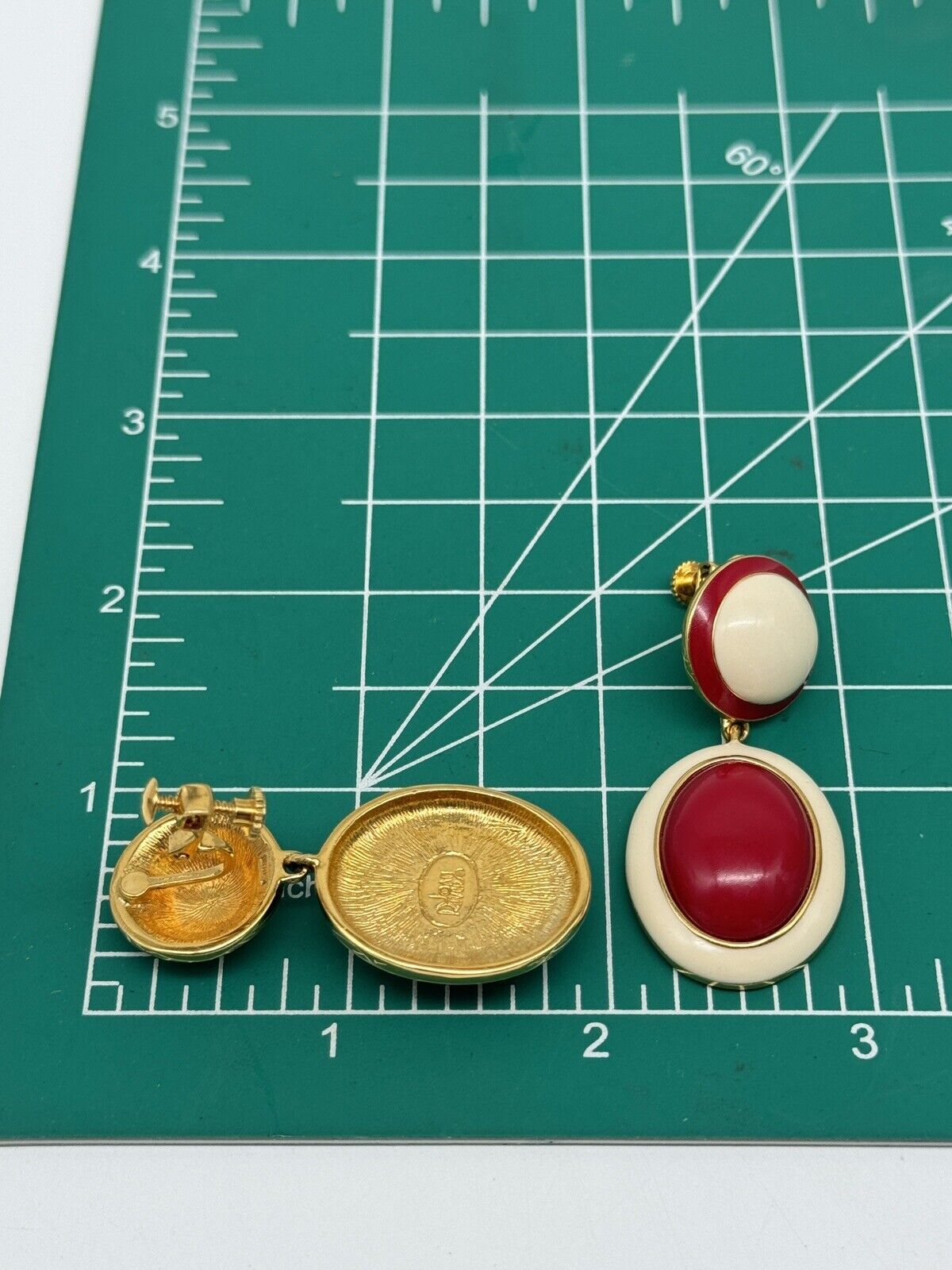 Vintage SIGNED Joan Rivers Earrings Red, Cream Enameled Goldtone