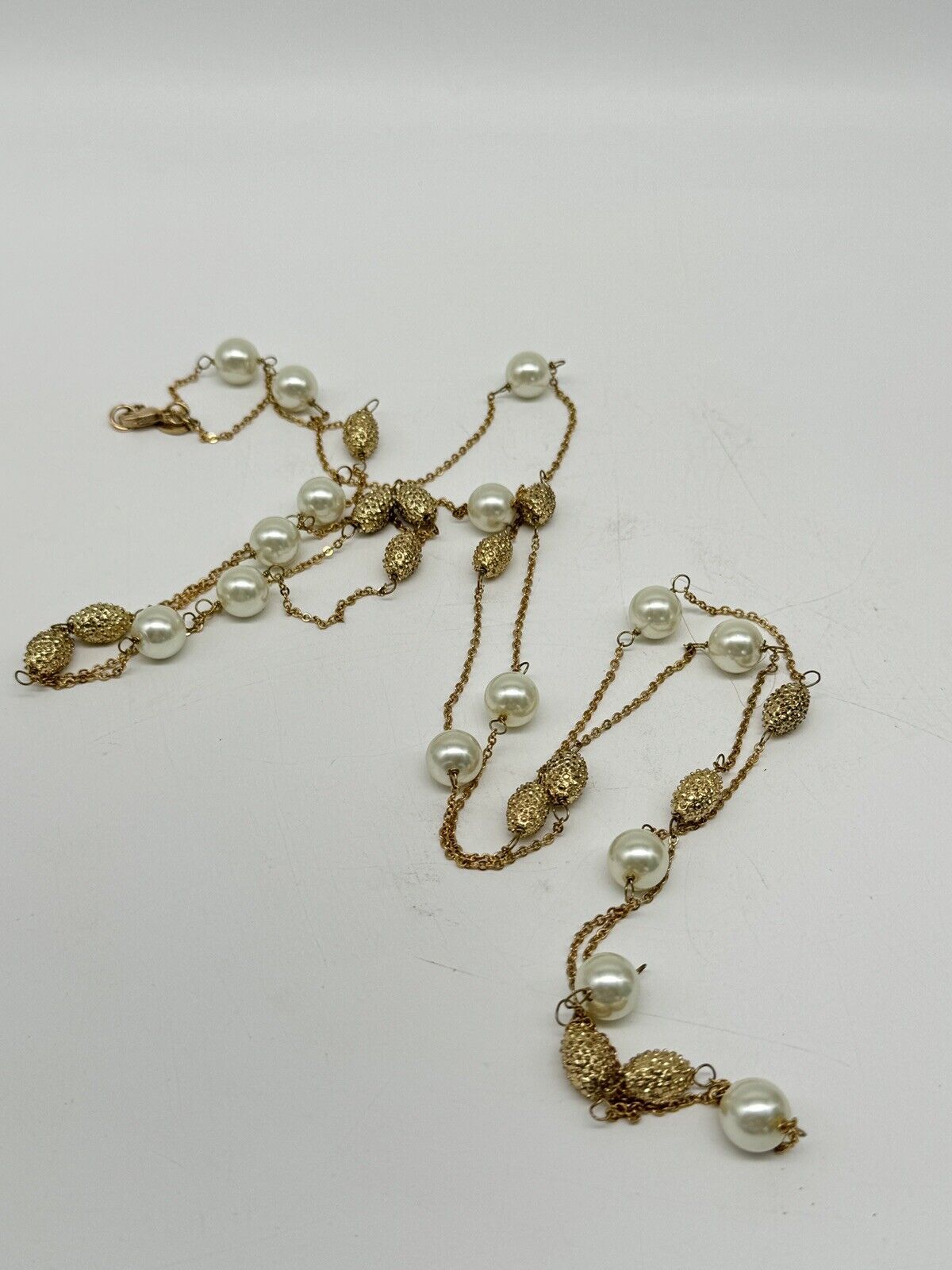 Vintage Faux Pearl Goldtone Necklace ca. 63” L ESTATE FIND