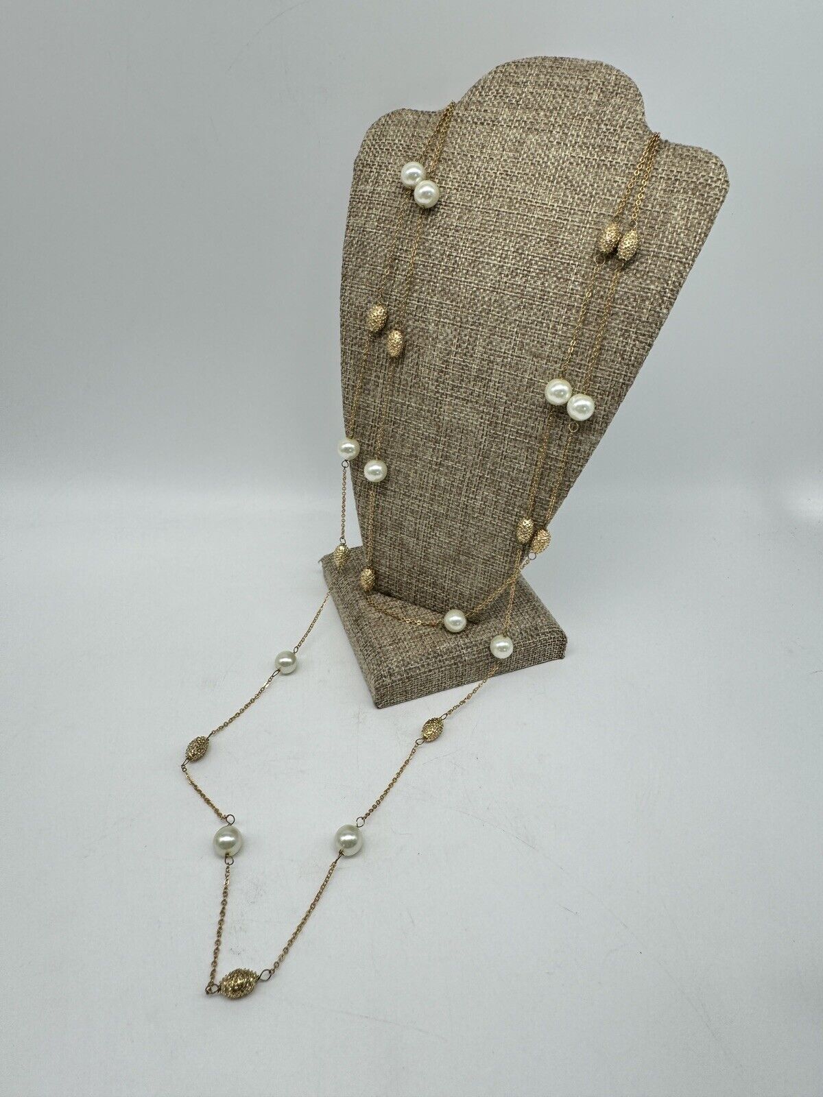 Vintage Faux Pearl Goldtone Necklace ca. 63” L ESTATE FIND