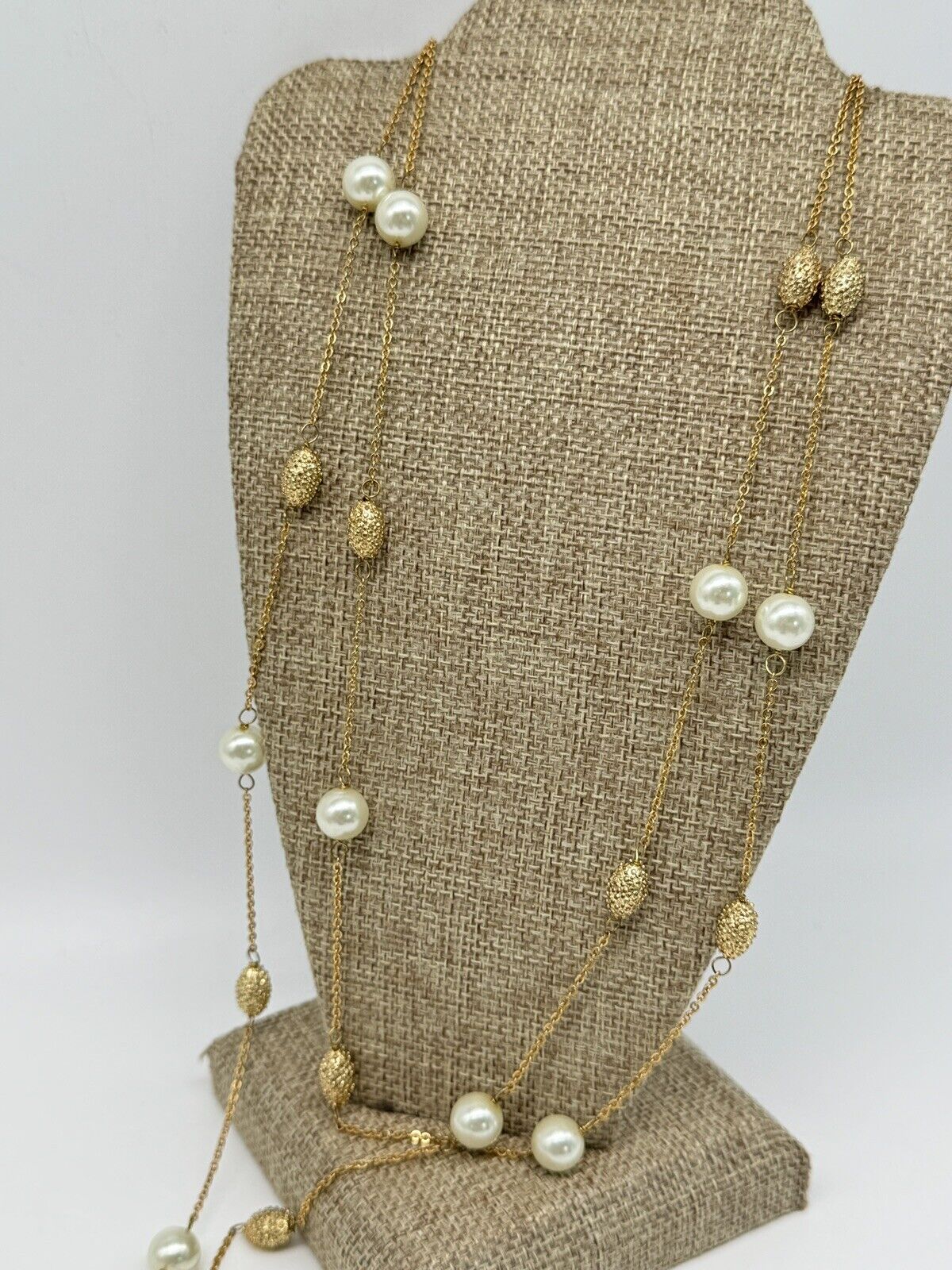 Vintage Faux Pearl Goldtone Necklace ca. 63” L ESTATE FIND