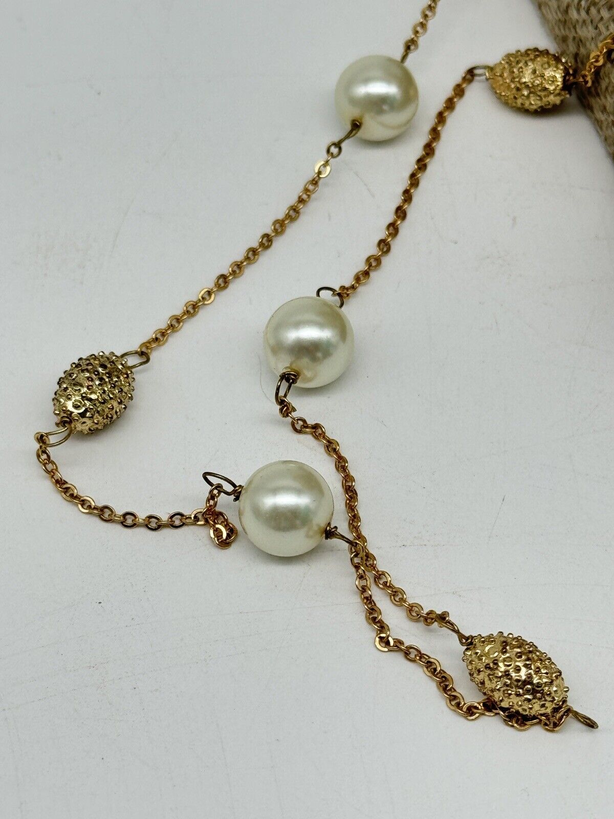 Vintage Faux Pearl Goldtone Necklace ca. 63” L ESTATE FIND
