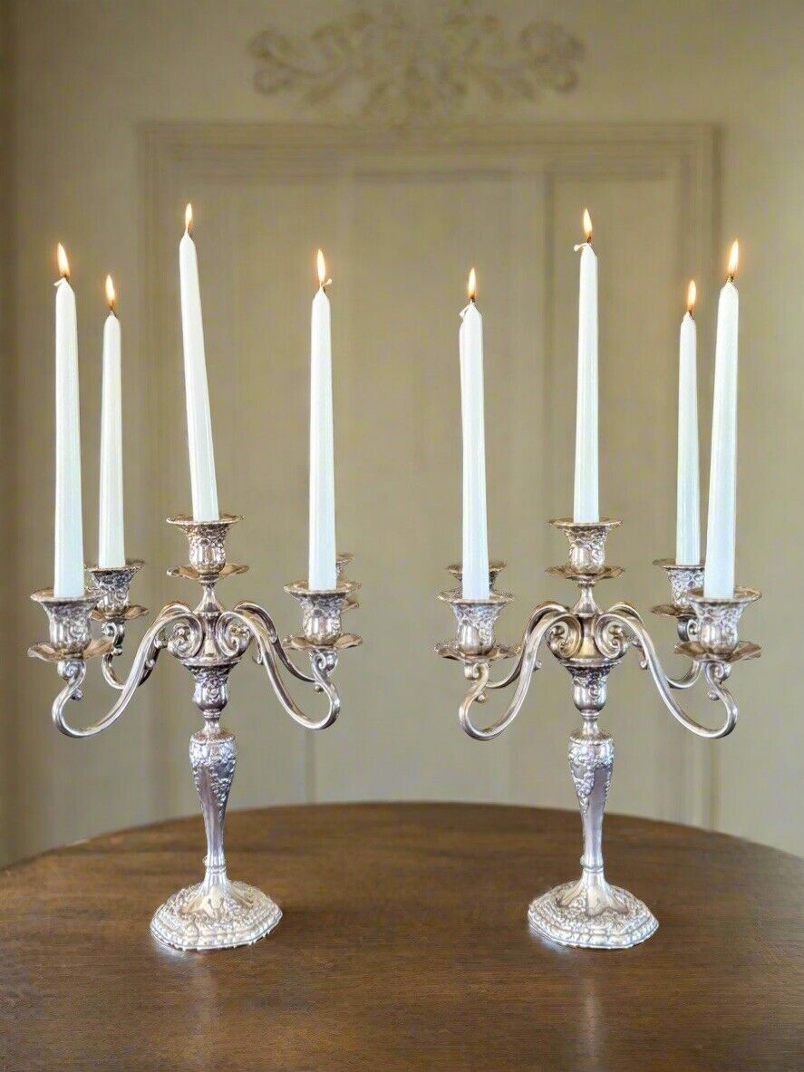 Vintage ANTIQUE STYLE Candelabra Pair 5 Candle Arms Floral Design Silverplate