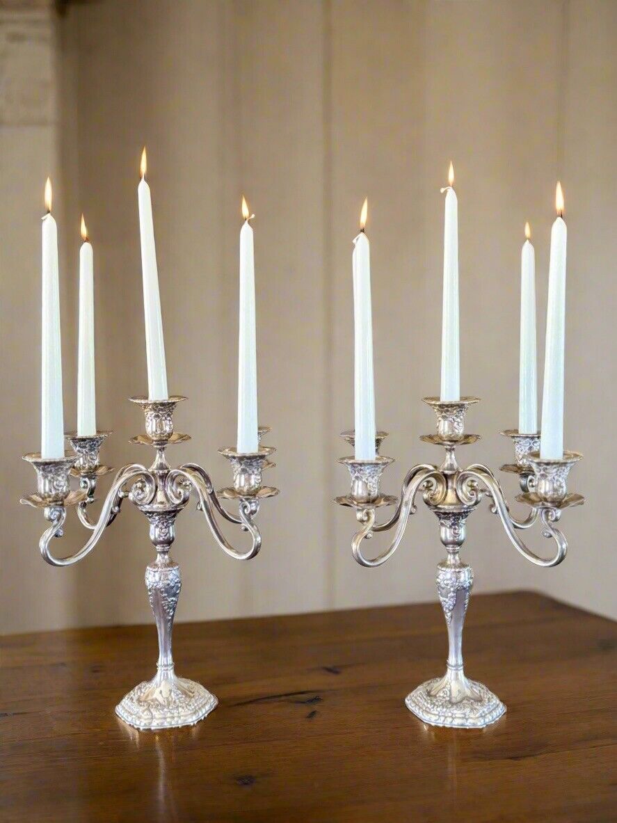 Vintage ANTIQUE STYLE Candelabra Pair 5 Candle Arms Floral Design Silverplate