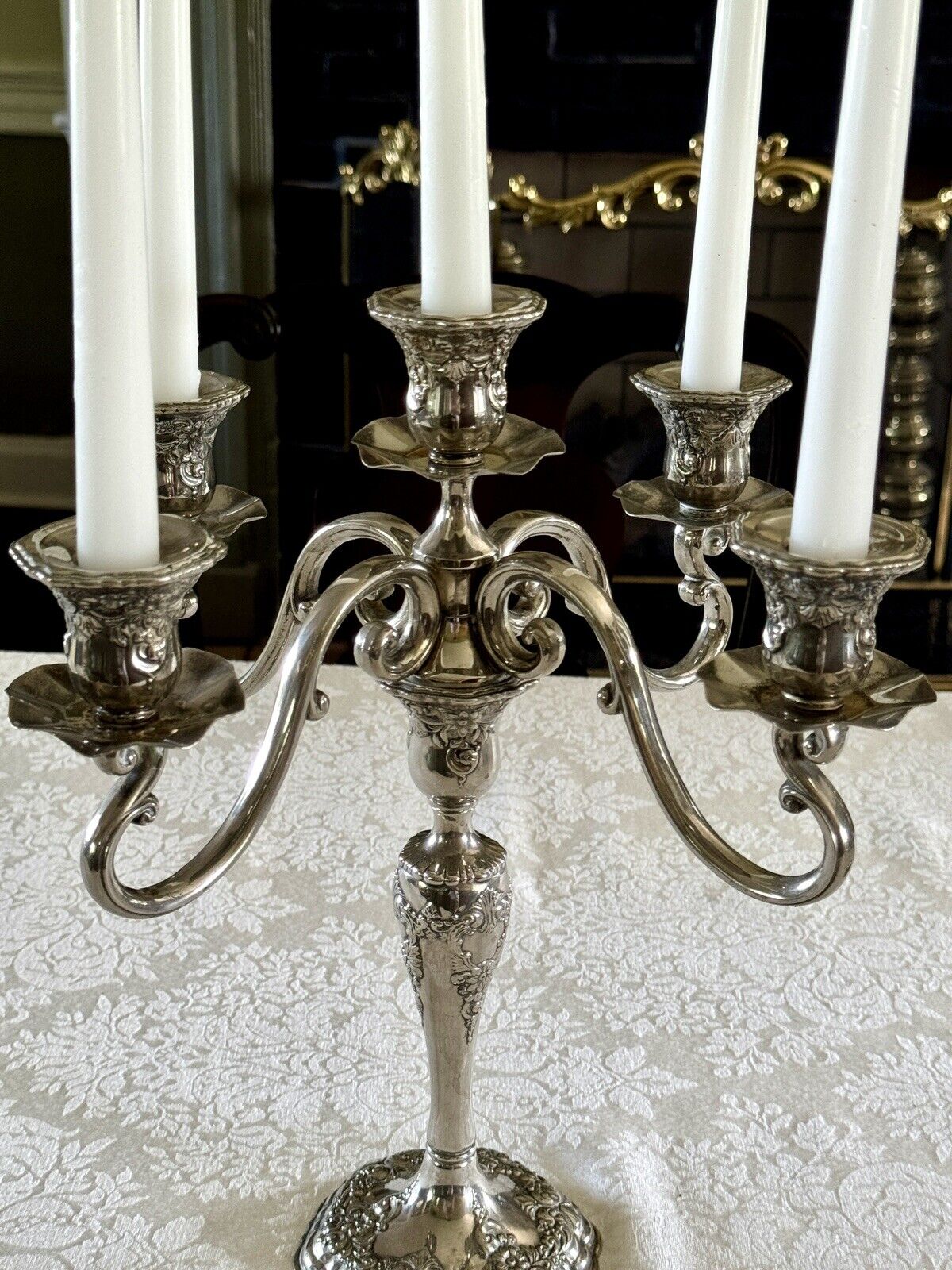Vintage ANTIQUE STYLE Candelabra Pair 5 Candle Arms Floral Design Silverplate