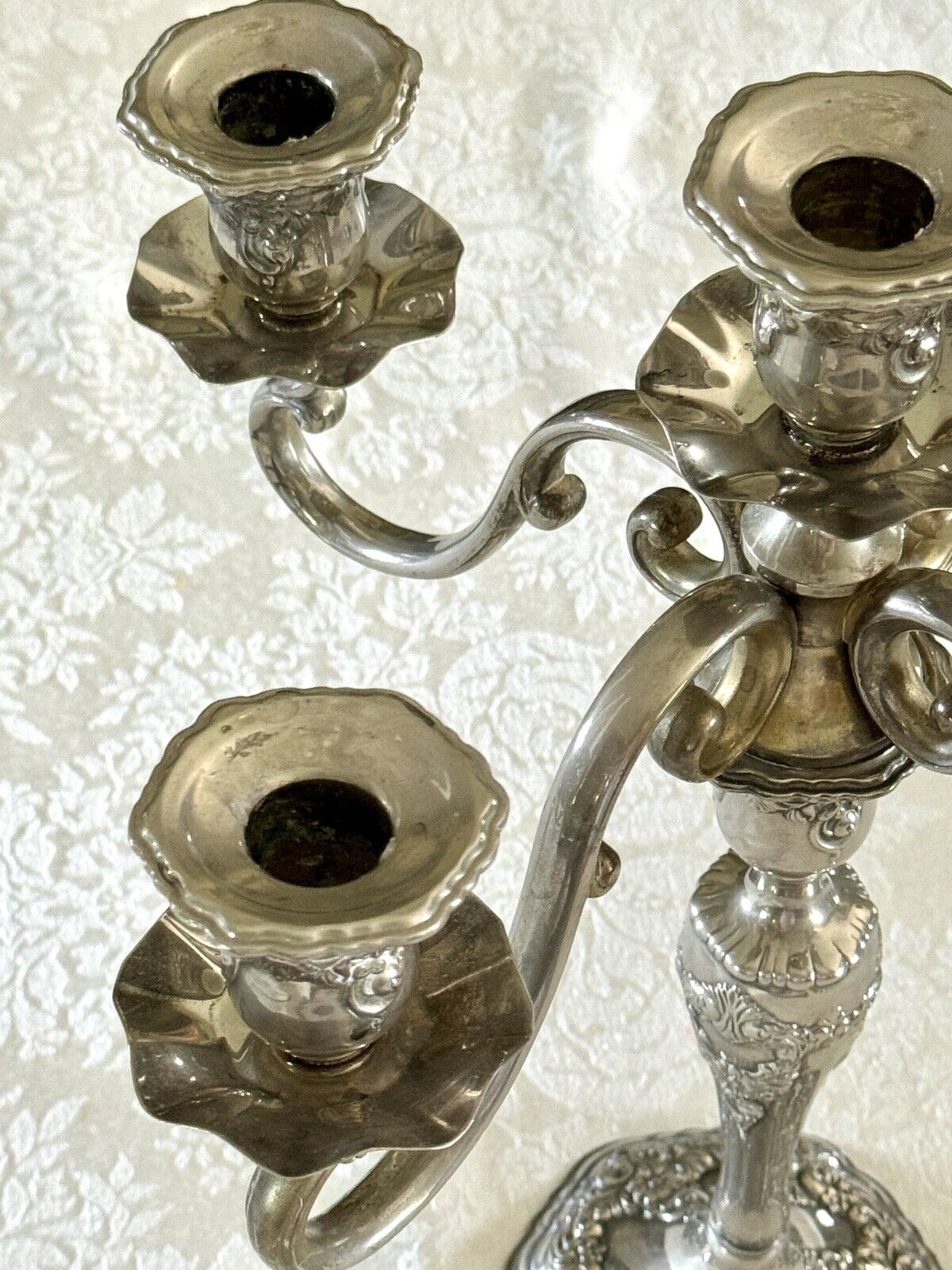 Vintage ANTIQUE STYLE Candelabra Pair 5 Candle Arms Floral Design Silverplate